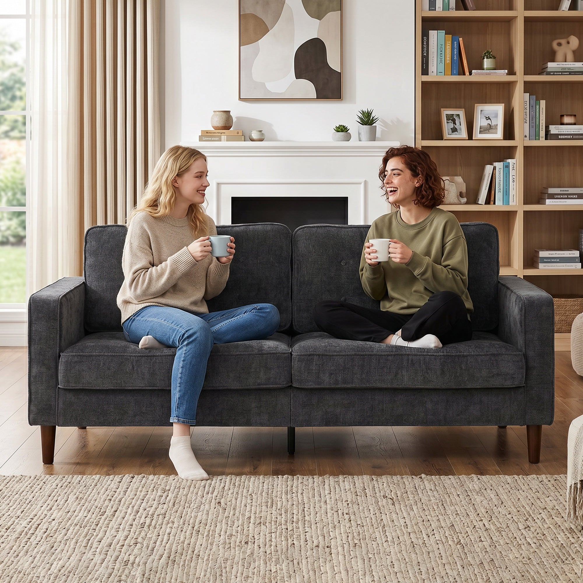 3 Seater Sofa, Upholstered Couch for Bedroom, Modern Sofa Settee with Padded Cushion, Button Tufting and Wood Legs for Living Room, Dark Grey