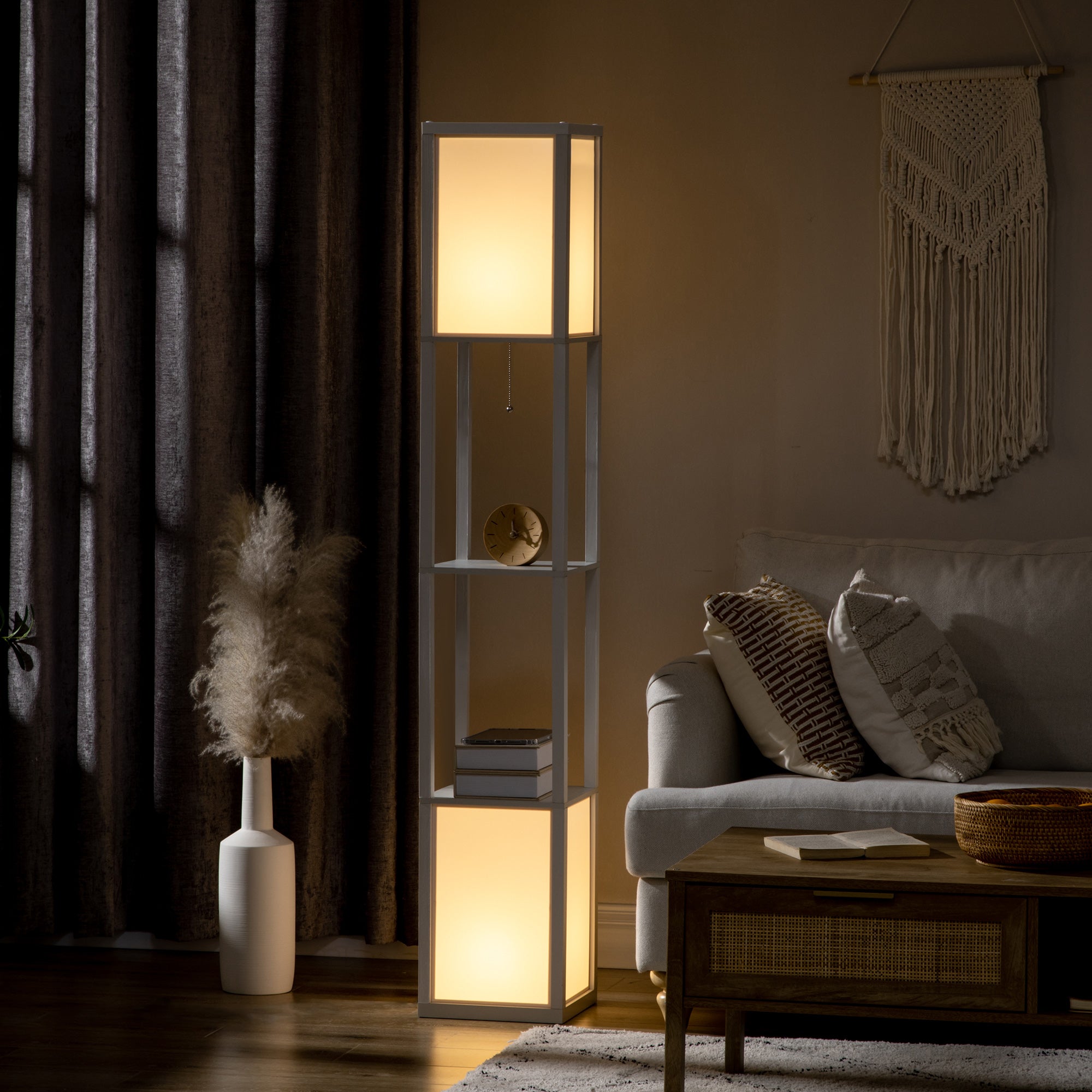 HOMCOM Floor Lamp with Shelves and Dual Light, Modern Corner Standing Lamp for Living Room, Bedroom, Bulb not Included, White