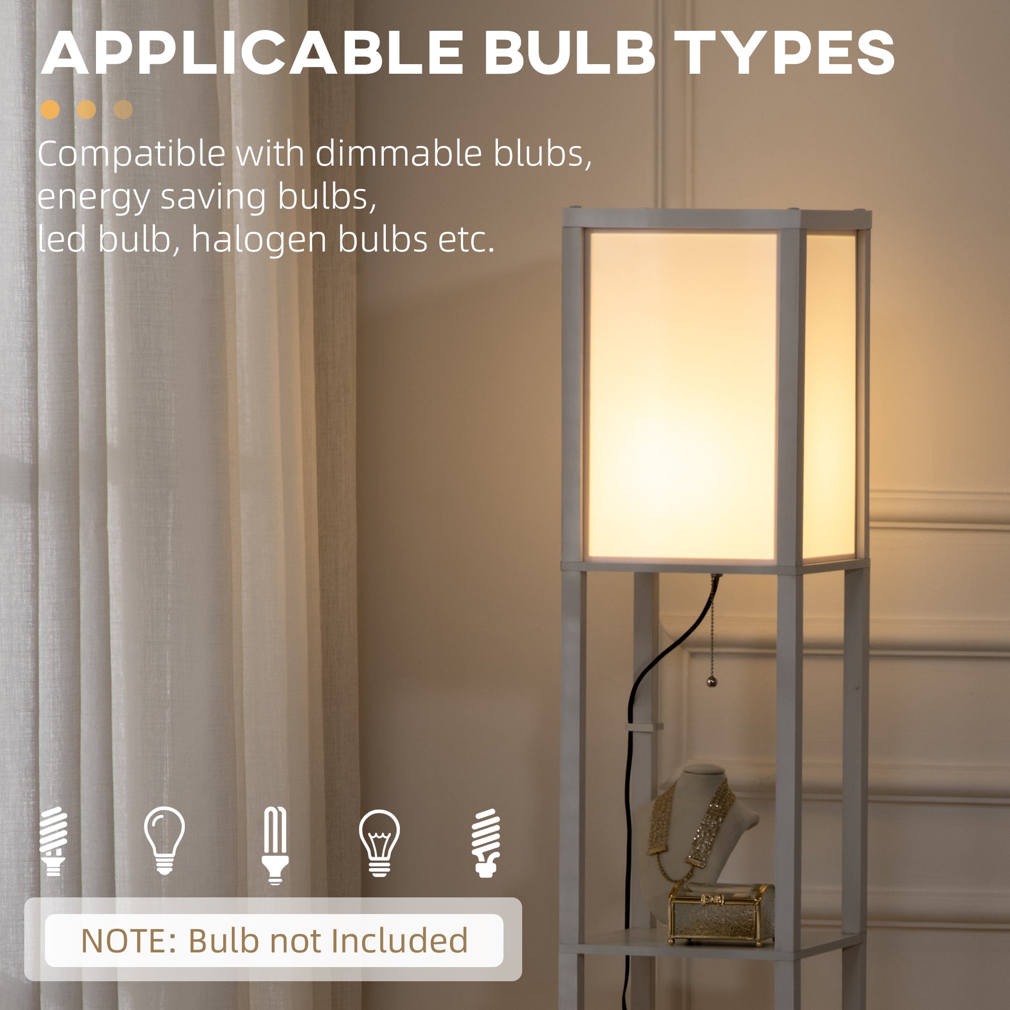 HOMCOM Floor Lamp with Shelves and Dual Light, Modern Corner Standing Lamp for Living Room, Bedroom, Bulb not Included, White