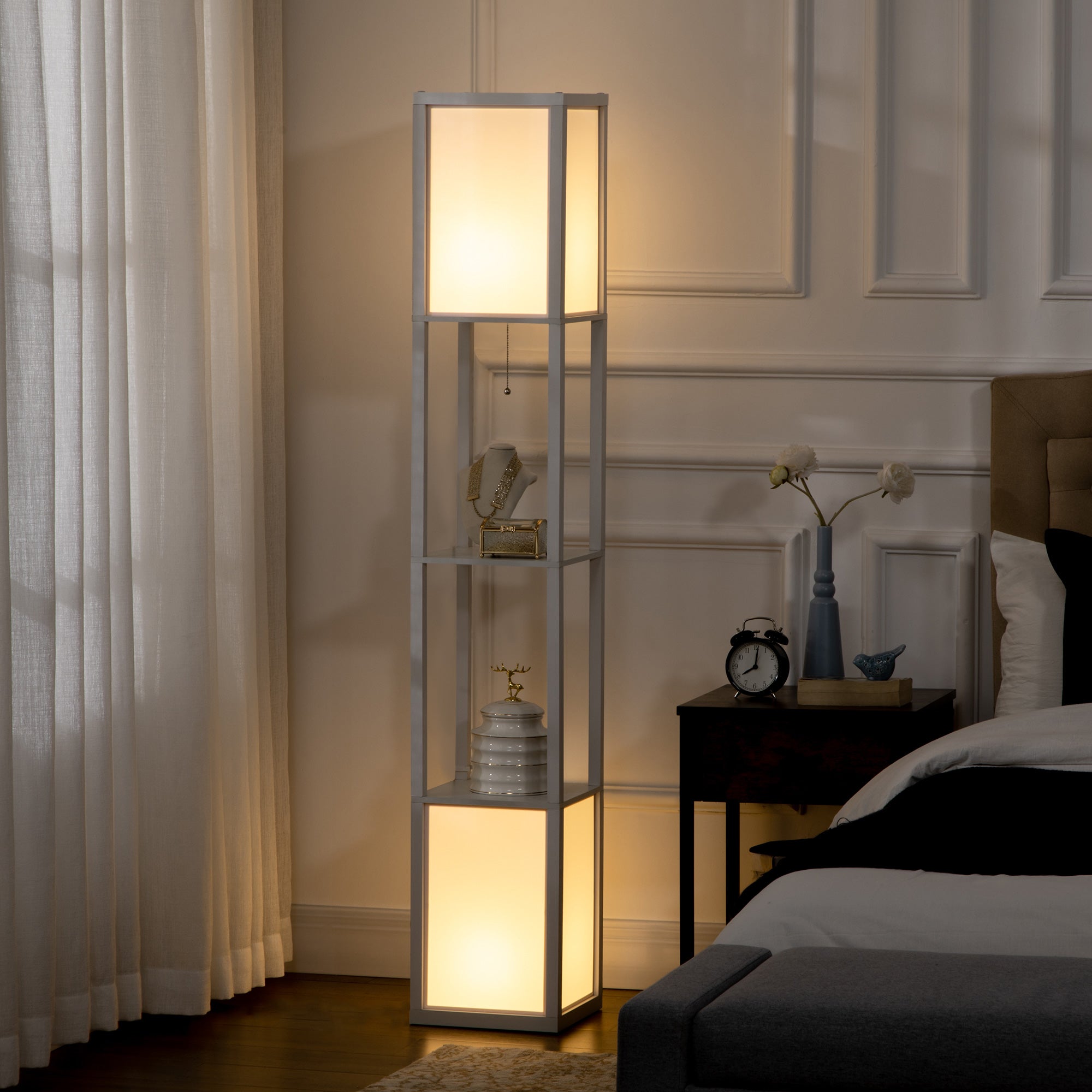 HOMCOM Floor Lamp with Shelves and Dual Light, Modern Corner Standing Lamp for Living Room, Bedroom, Bulb not Included, White