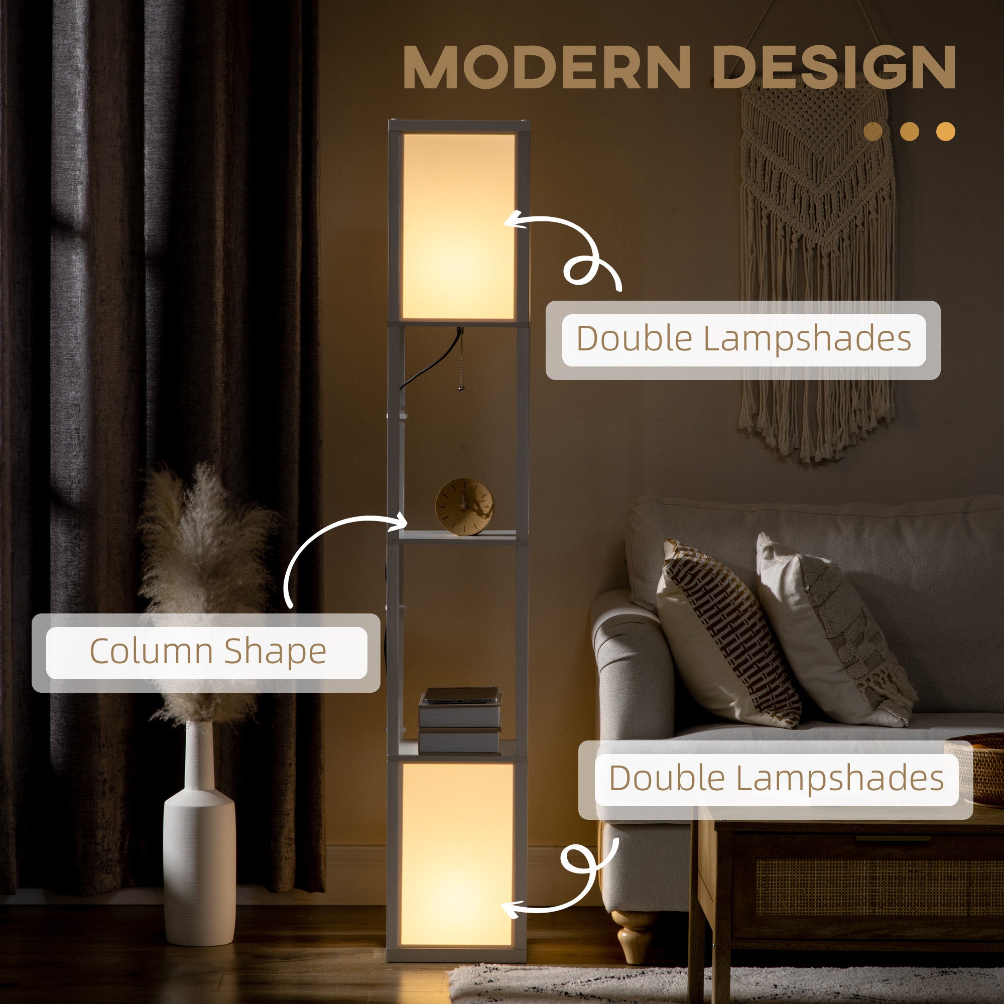 HOMCOM Floor Lamp with Shelves and Dual Light, Modern Corner Standing Lamp for Living Room, Bedroom, Bulb not Included, White