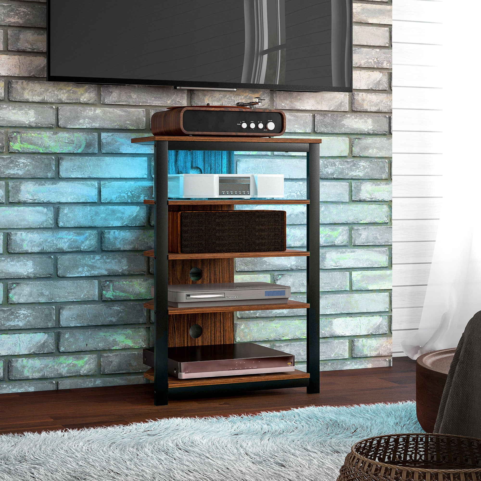 LED TV Stand, Entertainment Center with Storage Shelves and Steel Frame for Living Room, Brown