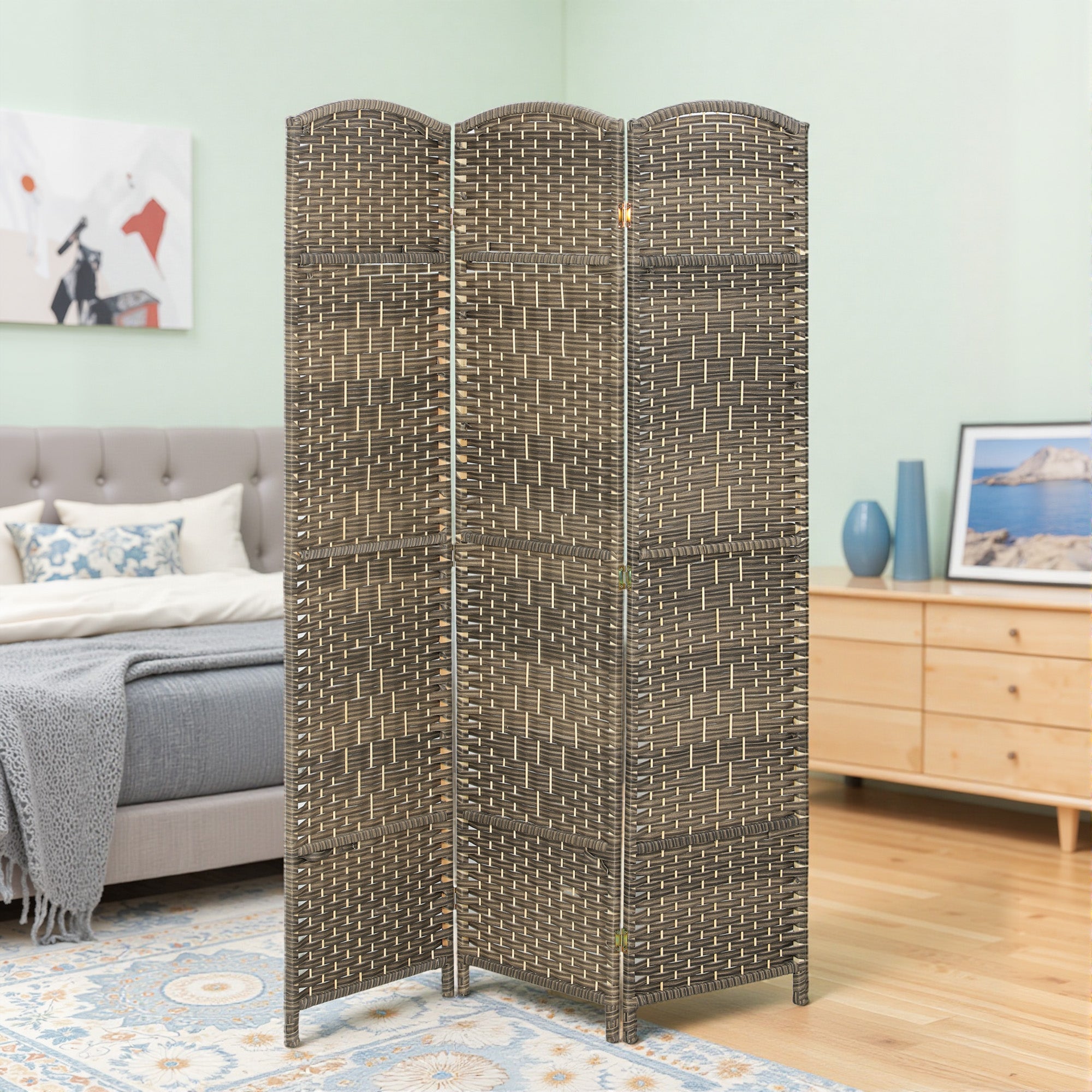 3 Panel Room Divider, 6' Tall Folding Privacy Screen, Hand-Woven Freestanding Wall Partition for Home Office, Bedroom, Dark Rustic Oak