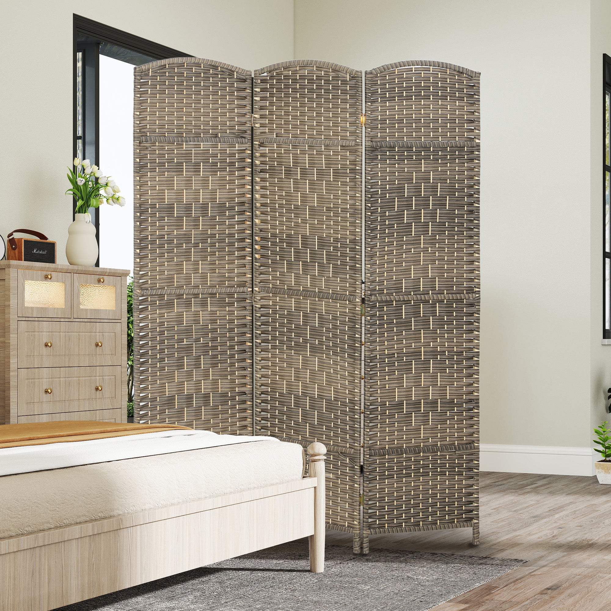 3 Panel Room Divider, 6' Tall Folding Privacy Screen, Hand-Woven Freestanding Wall Partition for Home Office, Bedroom, Dark Rustic Oak