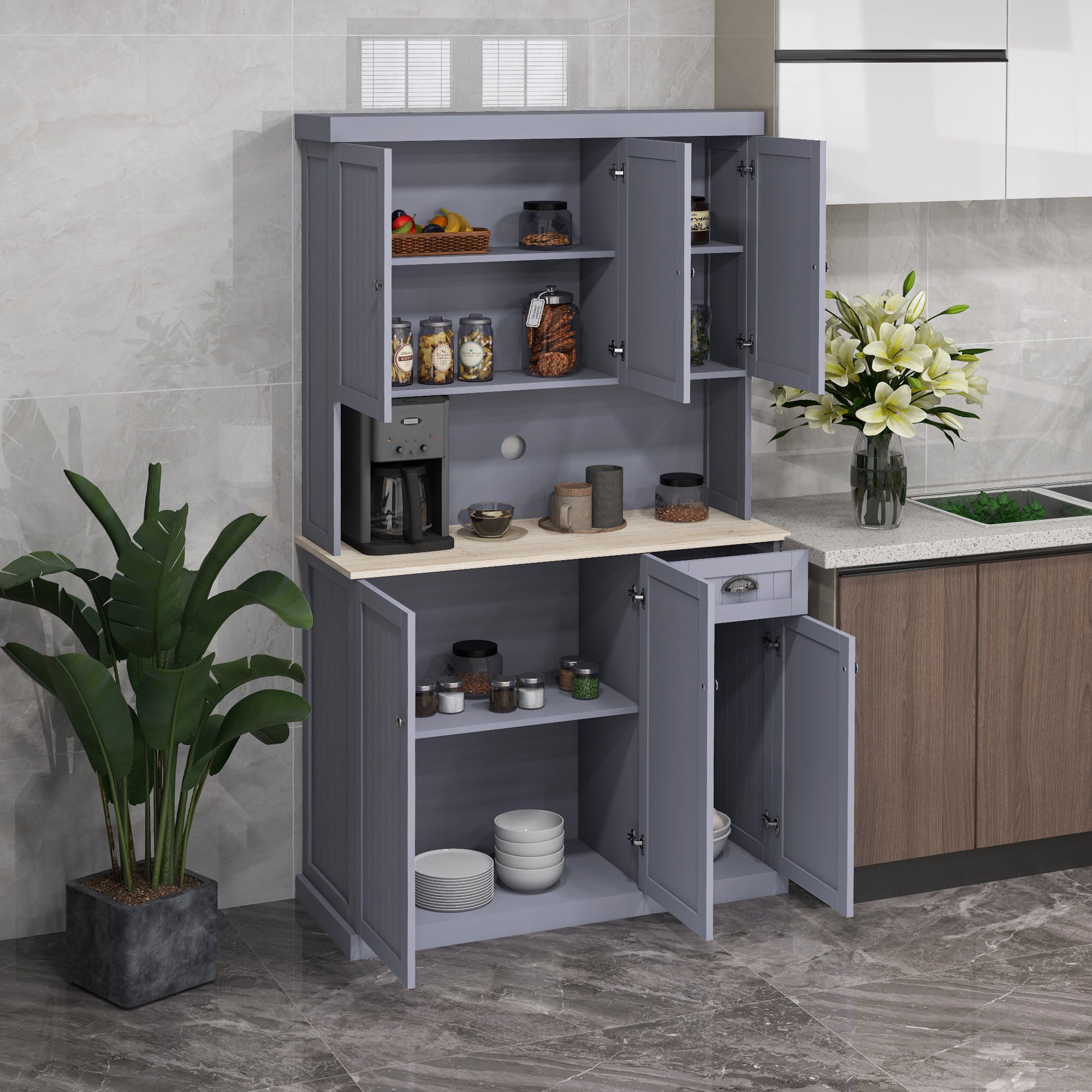 71" Buffet with Hutch, Modern Farmhouse Kitchen Pantry Storage Cabinet with Microwave Oven Countertop, Drawer, and Cupboard, Gray