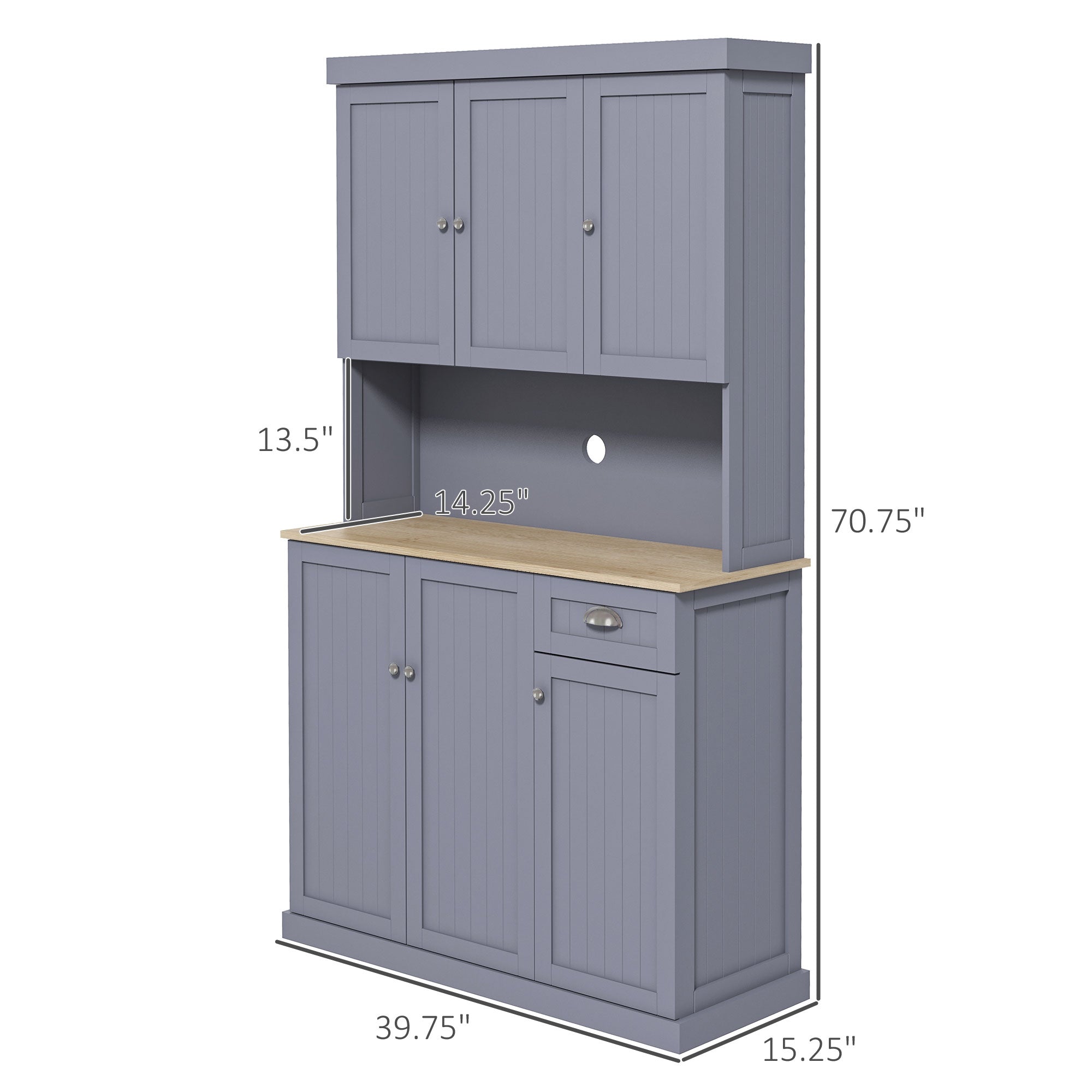 71" Buffet with Hutch, Modern Farmhouse Kitchen Pantry Storage Cabinet with Microwave Oven Countertop, Drawer, and Cupboard, Gray