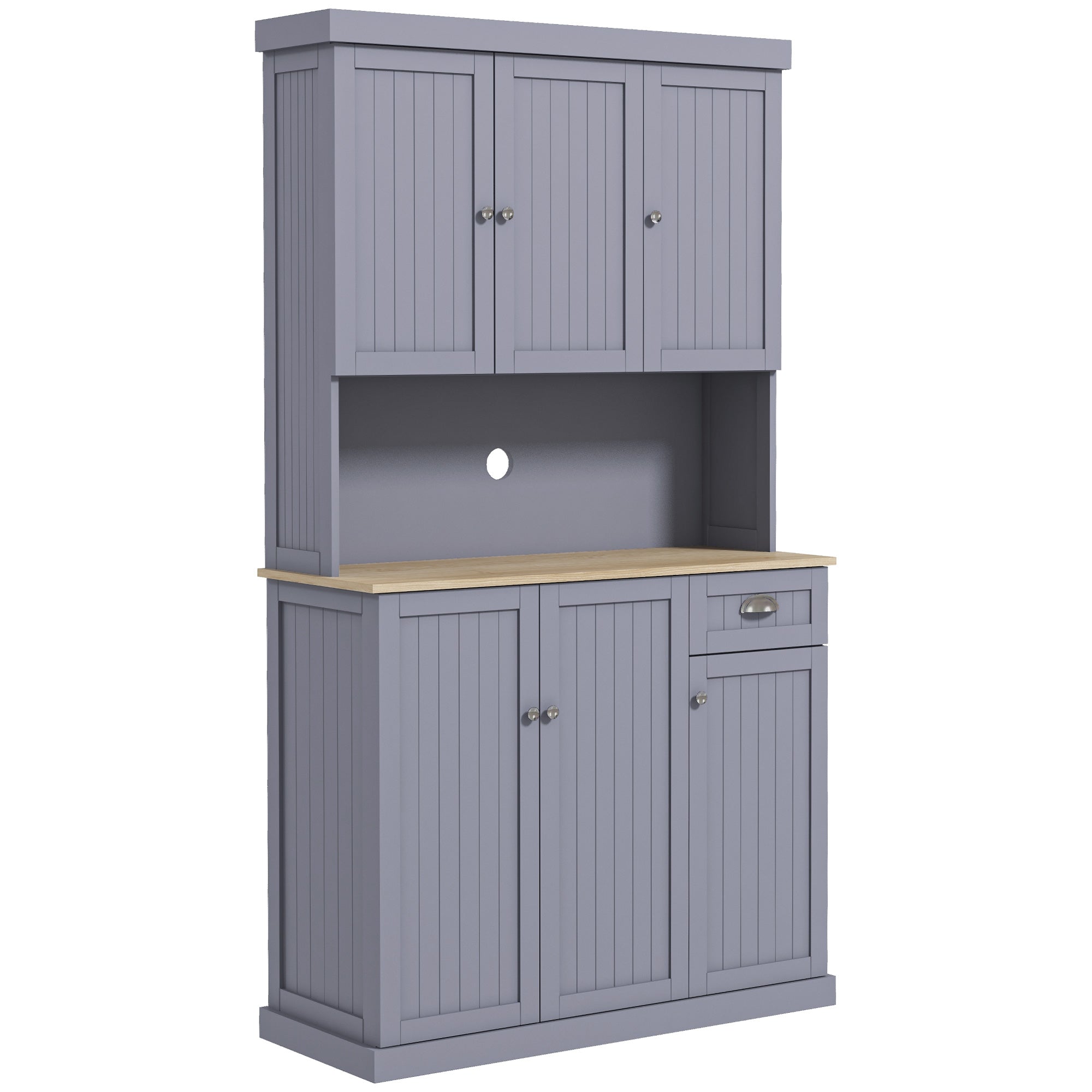 71" Buffet with Hutch, Modern Farmhouse Kitchen Pantry Storage Cabinet with Microwave Oven Countertop, Drawer, and Cupboard, Gray