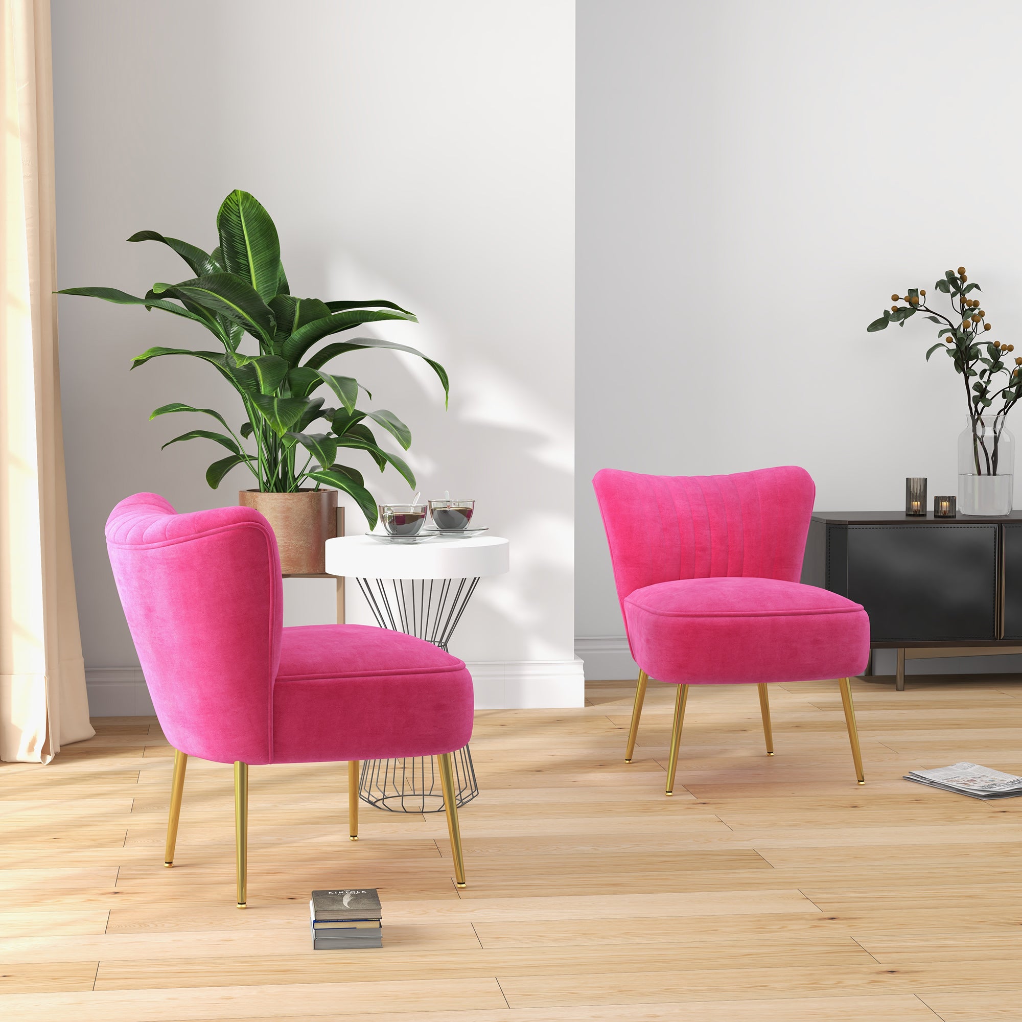 HOMCOM Modern Armless Accent Chairs Set of 2, Upholstered Slipper Chairs for Bedroom, Velvet Wingback Living Room Chairs with Gold Steel Legs and Tufted Back, Pink