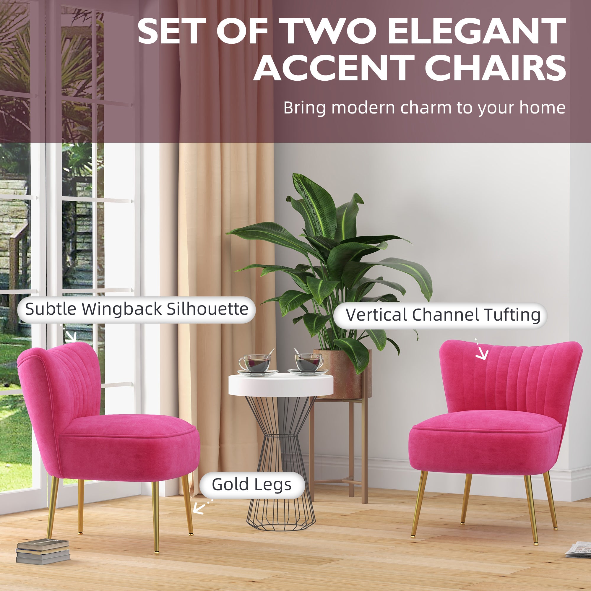 HOMCOM Modern Armless Accent Chairs Set of 2, Upholstered Slipper Chairs for Bedroom, Velvet Wingback Living Room Chairs with Gold Steel Legs and Tufted Back, Pink