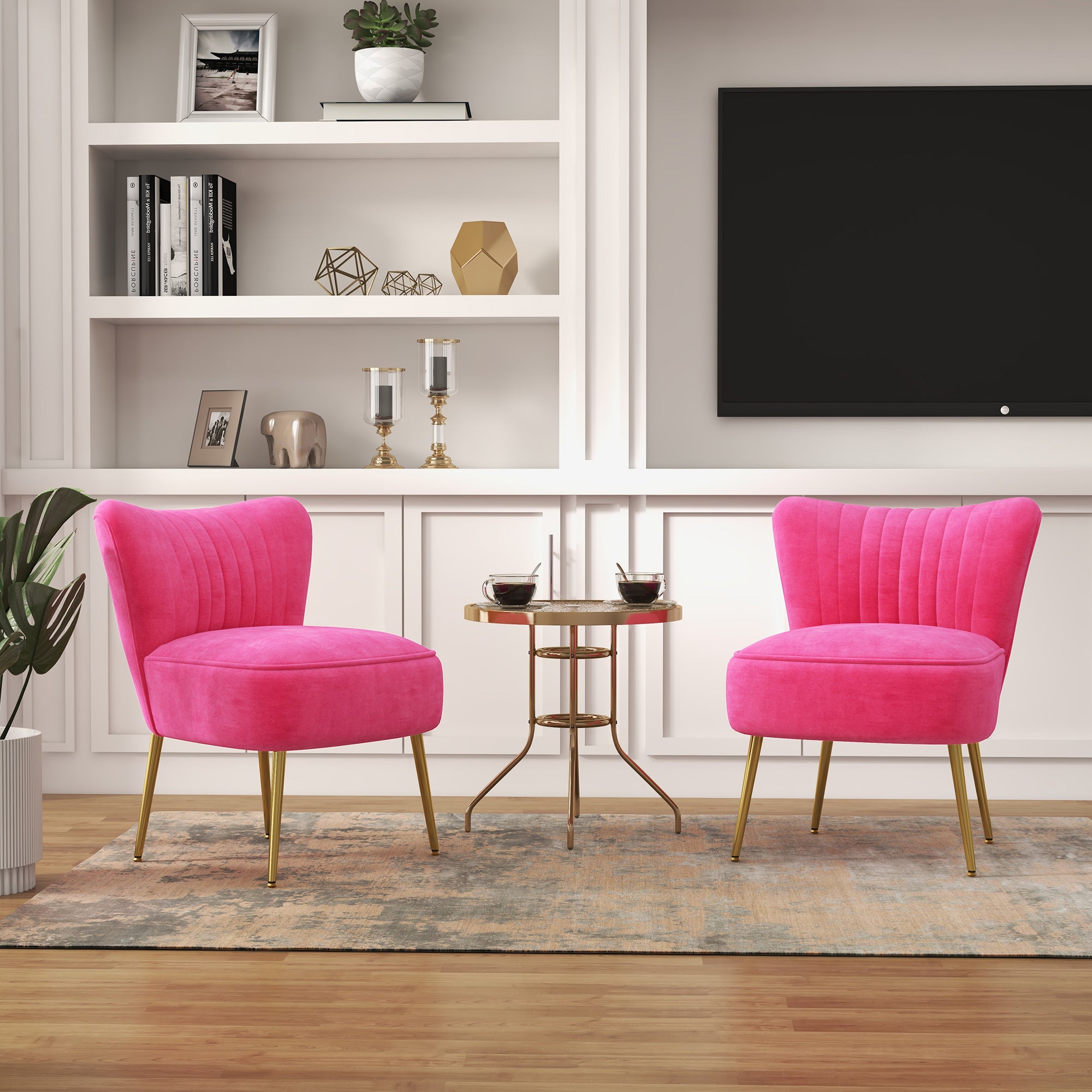 HOMCOM Modern Armless Accent Chairs Set of 2, Upholstered Slipper Chairs for Bedroom, Velvet Wingback Living Room Chairs with Gold Steel Legs and Tufted Back, Pink
