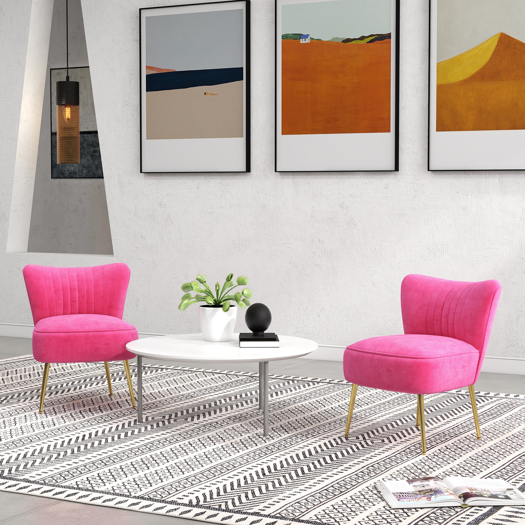 HOMCOM Modern Armless Accent Chairs Set of 2, Upholstered Slipper Chairs for Bedroom, Velvet Wingback Living Room Chairs with Gold Steel Legs and Tufted Back, Pink