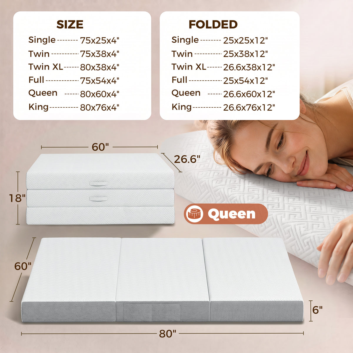 Foldable Mattress Queen Size, 6 Inch Tri Fold Memory Foam Mattress with Washable Cover & Non-Slip Bottom, Portable Floor Bed for RV, Guest, Travel, Camping, 60" x 80" x6"