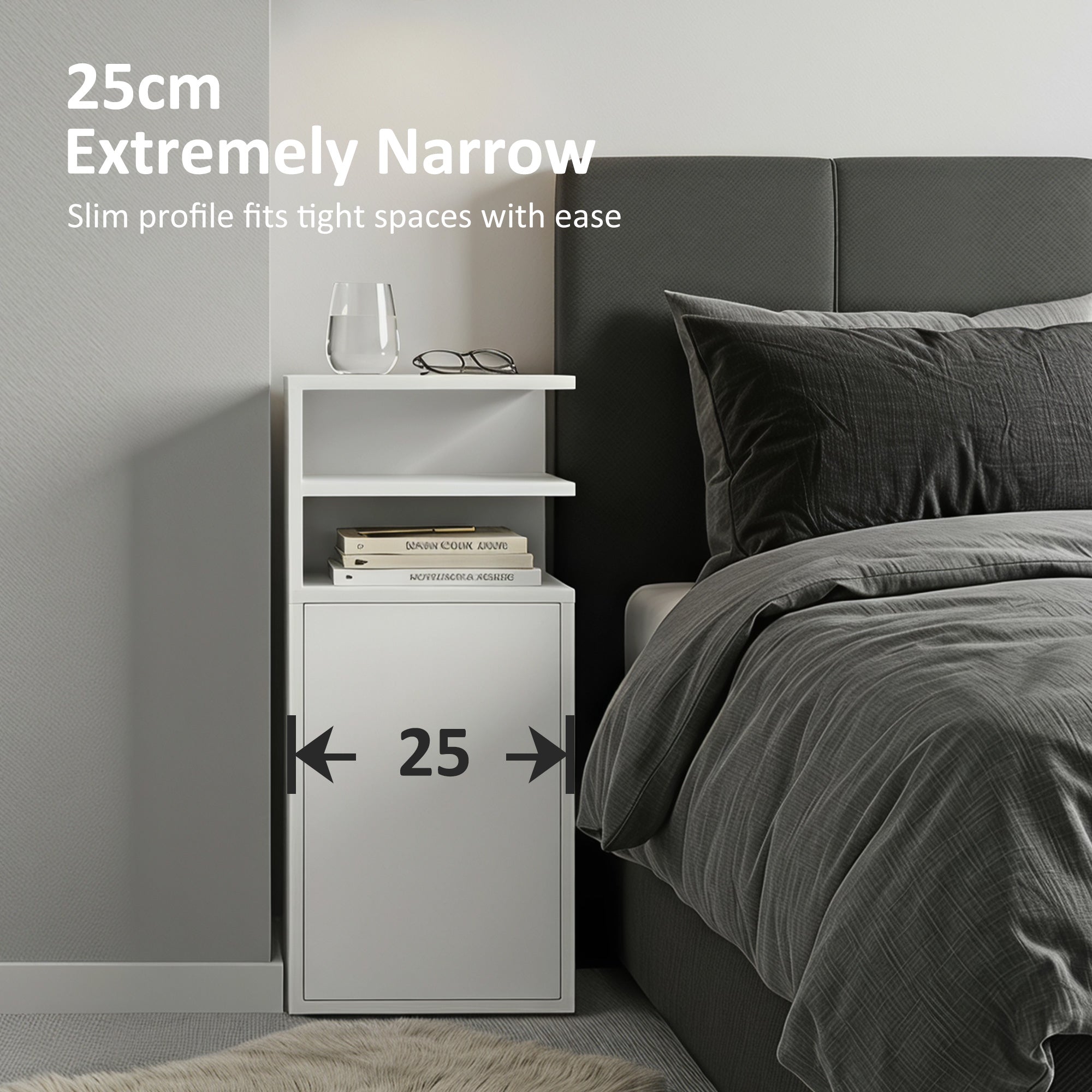Slim Bedside Table Set of 2, Narrow Bedside Cabinet with Open Cubbies and Cupboard, Side End Table for Bedroom Living Room Compact Nooks, 30 x 25 x 60 cm, White