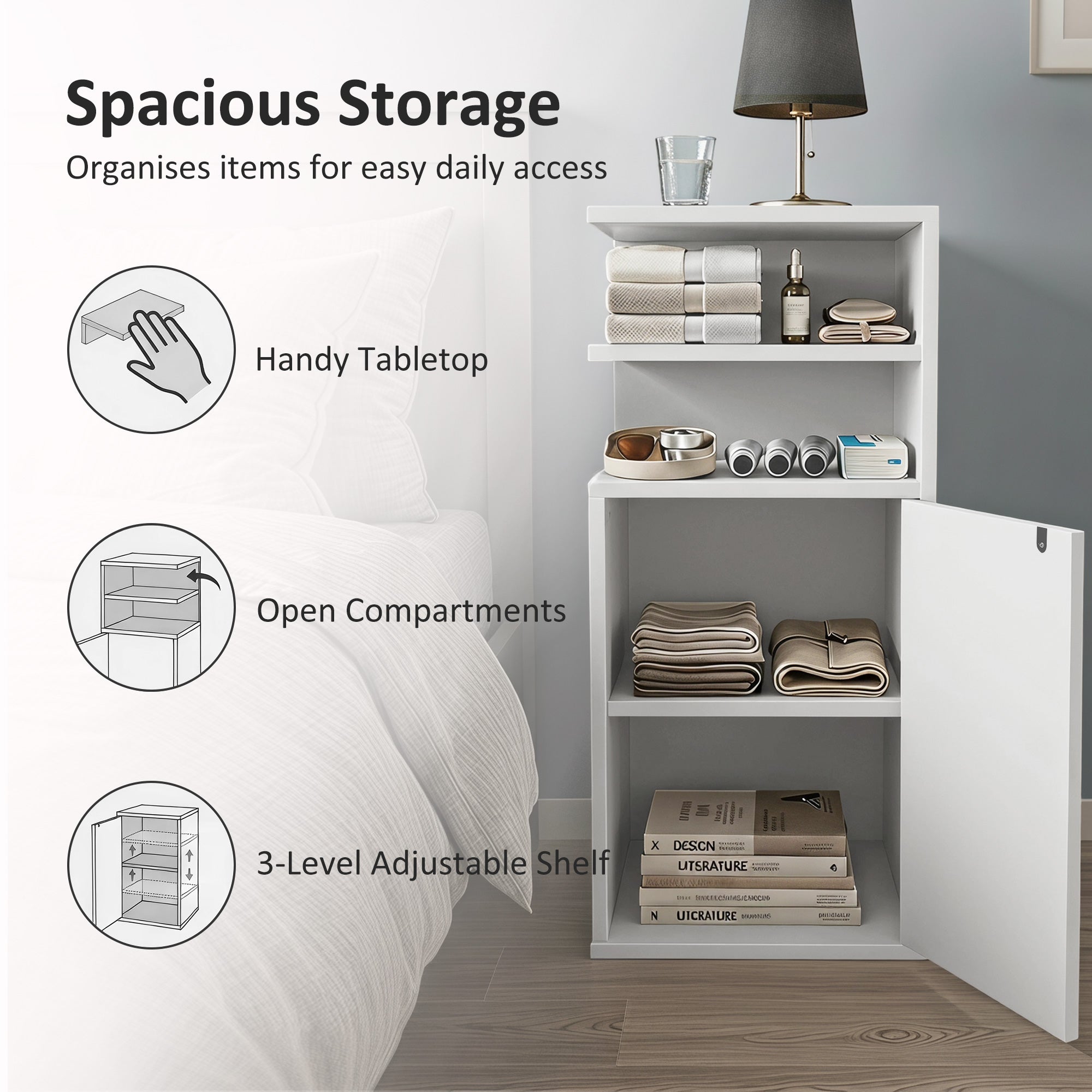 Slim Bedside Table Set of 2, Narrow Bedside Cabinet with Open Cubbies and Cupboard, Side End Table for Bedroom Living Room Compact Nooks, 30 x 25 x 60 cm, White