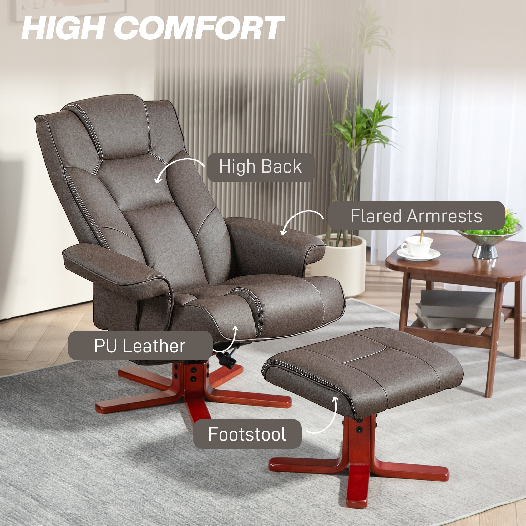 HOMCOM Recliner Chair with Footstool, PU Leather Upholstered Armchair with Adjustable Backrest, Leisure Lounge Chair for Living Room, Bedroom, Brown