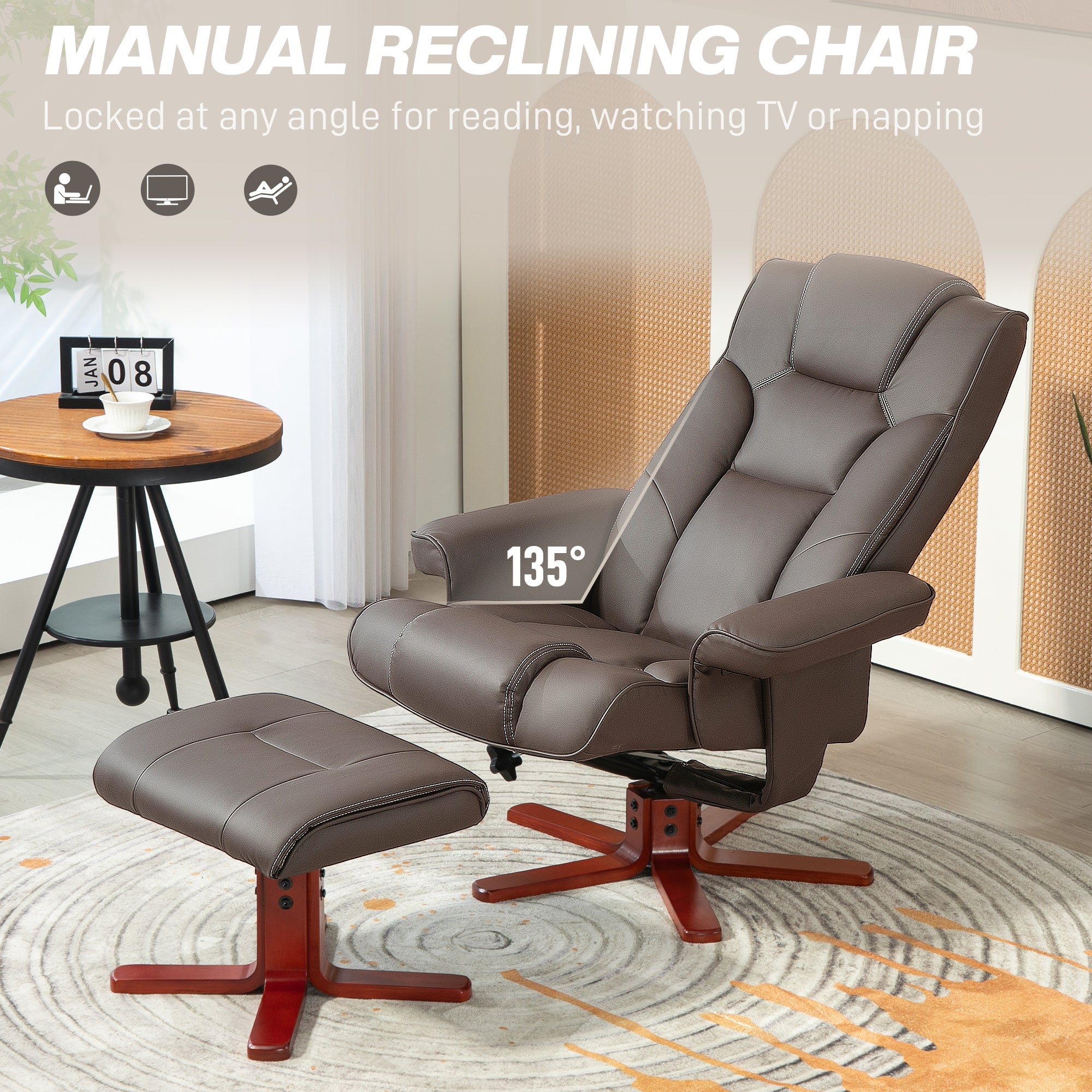 HOMCOM Recliner Chair with Footstool, PU Leather Upholstered Armchair with Adjustable Backrest, Leisure Lounge Chair for Living Room, Bedroom, Brown