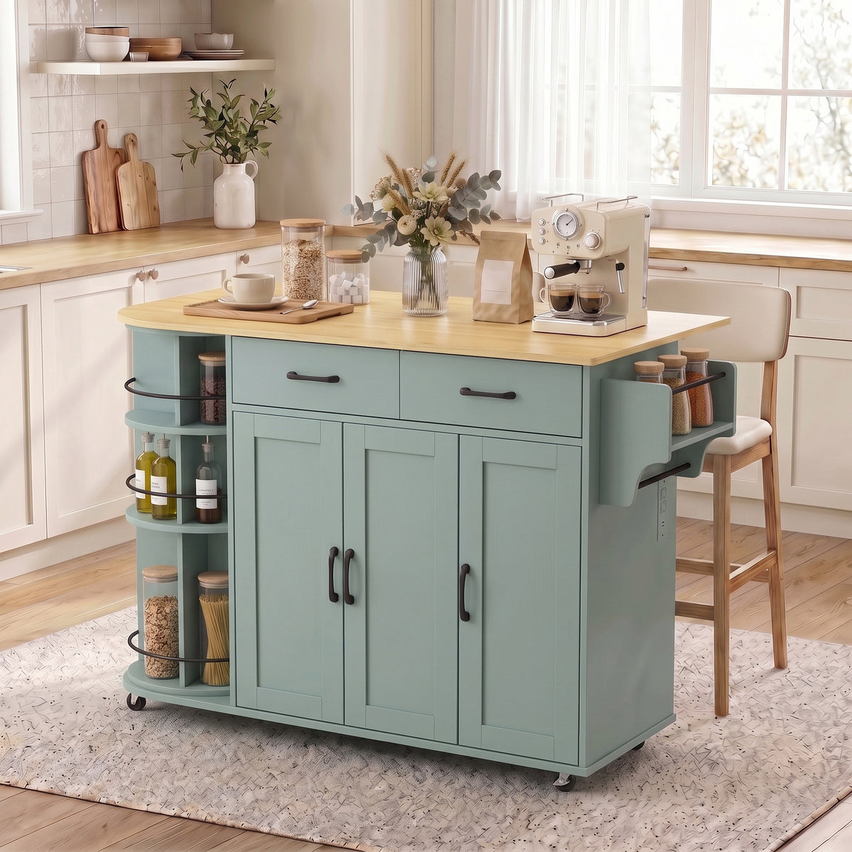 53" Kitchen Island with Power Outlet and Drop Leaf, Kitchen Cart on Wheels with 360° Rotating Rack, 2 Drawers, Adjustable Shelves, Mobile Island Table for Dining Room, Sage Green