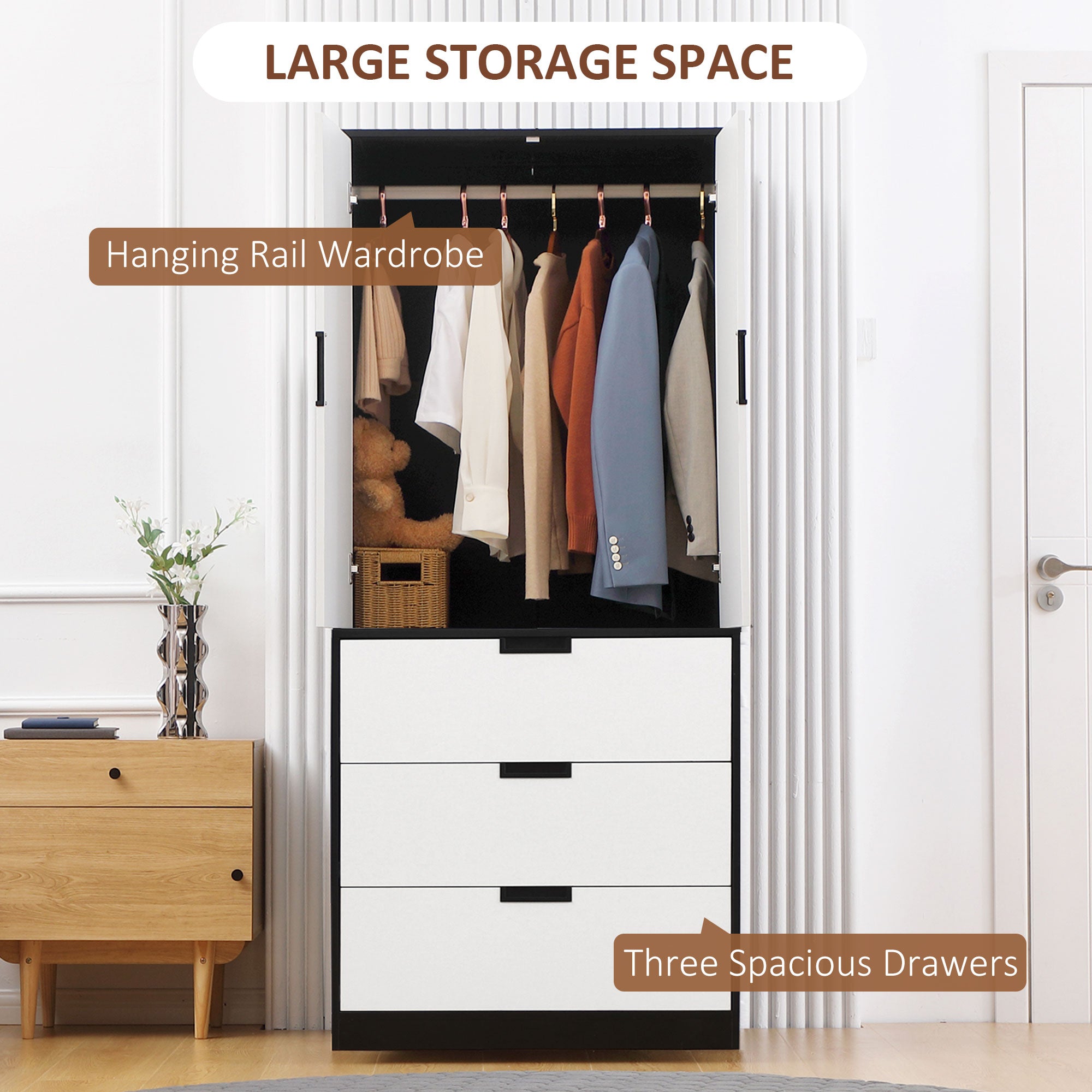 HOMCOM 3 Drawer 2 Door Wardrobe, Modern Clothes Storage Cupboard Unit with Hanging Rod, Bedroom Wardrobe with Soft Closing Hinge, 50D x 80W x 180Hcm, Black
