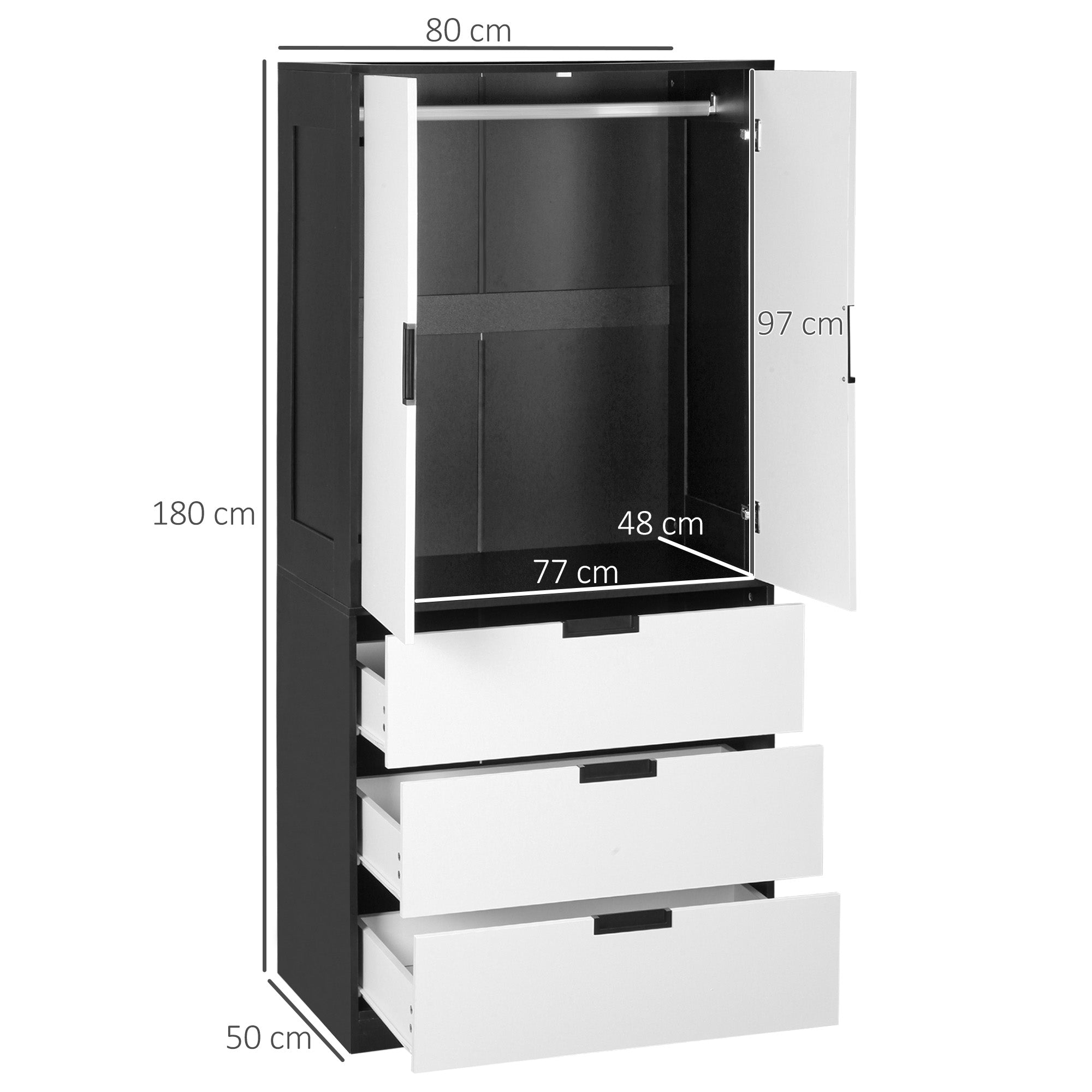 HOMCOM 3 Drawer 2 Door Wardrobe, Modern Clothes Storage Cupboard Unit with Hanging Rod, Bedroom Wardrobe with Soft Closing Hinge, 50D x 80W x 180Hcm, Black