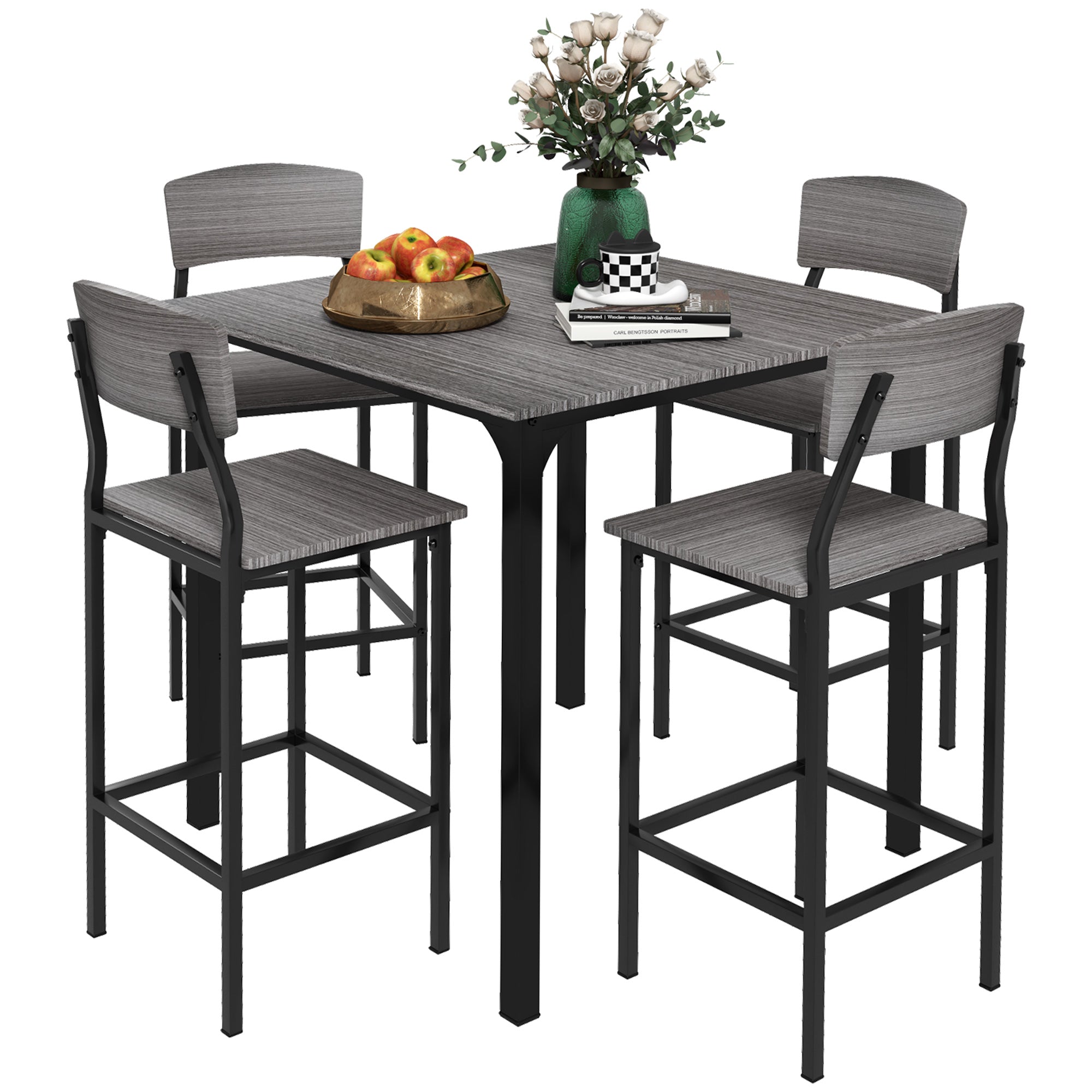 Counter Height Bar Table Set for 4, Square Kitchen Table and Chairs Set with Footrest, Metal Legs, Industrial Dinner Table Set for 4, Gray