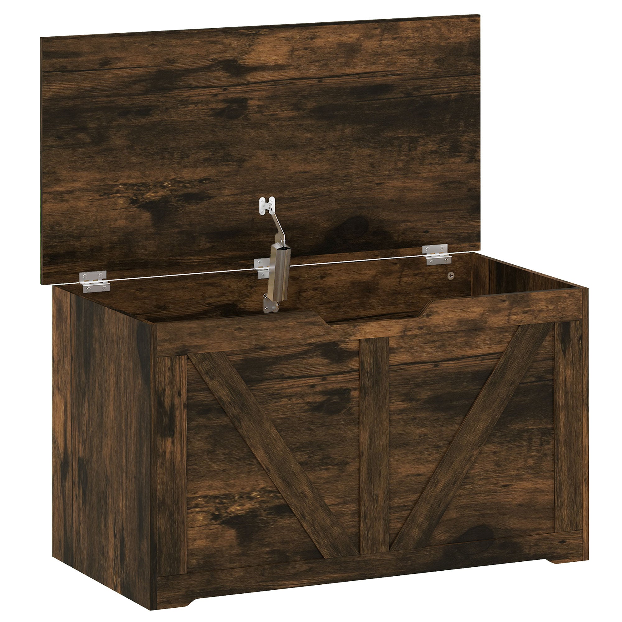 100L Storage Chest, Shoe Storage Trunk Bench Box with Safety Hinge and U-shaped Cut-out Pull, Blanket Box Ottoman for Bedroom, Living Room, Entryway, 80 x 40 x 45 cm, Rustic Brown Wood-Effect