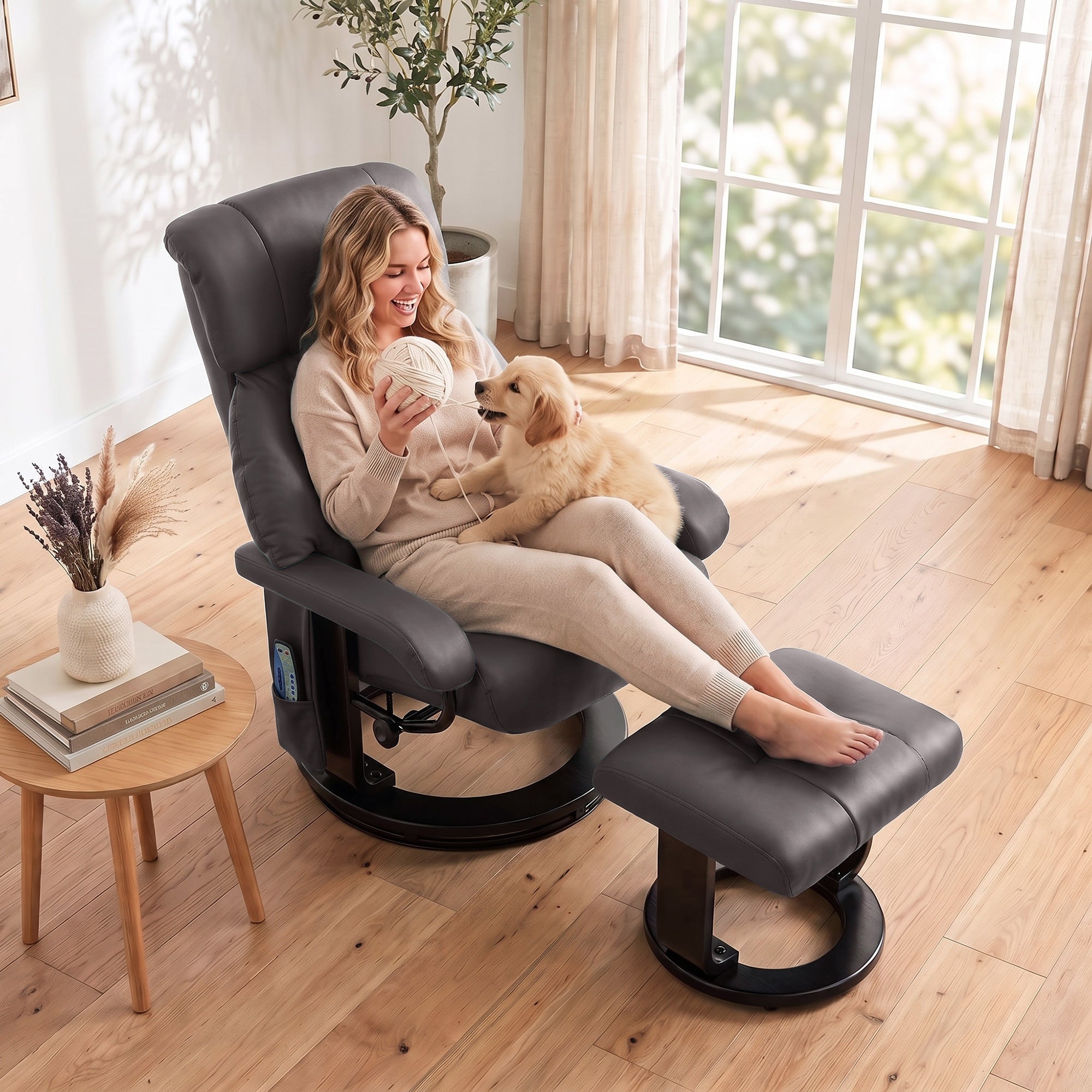 Massage Recliner Chair with Ottoman, 360° Swivel Recliner and Footstool, 10-Point Vibration, PU Leather Reclining Chair with Remote Control, Brown