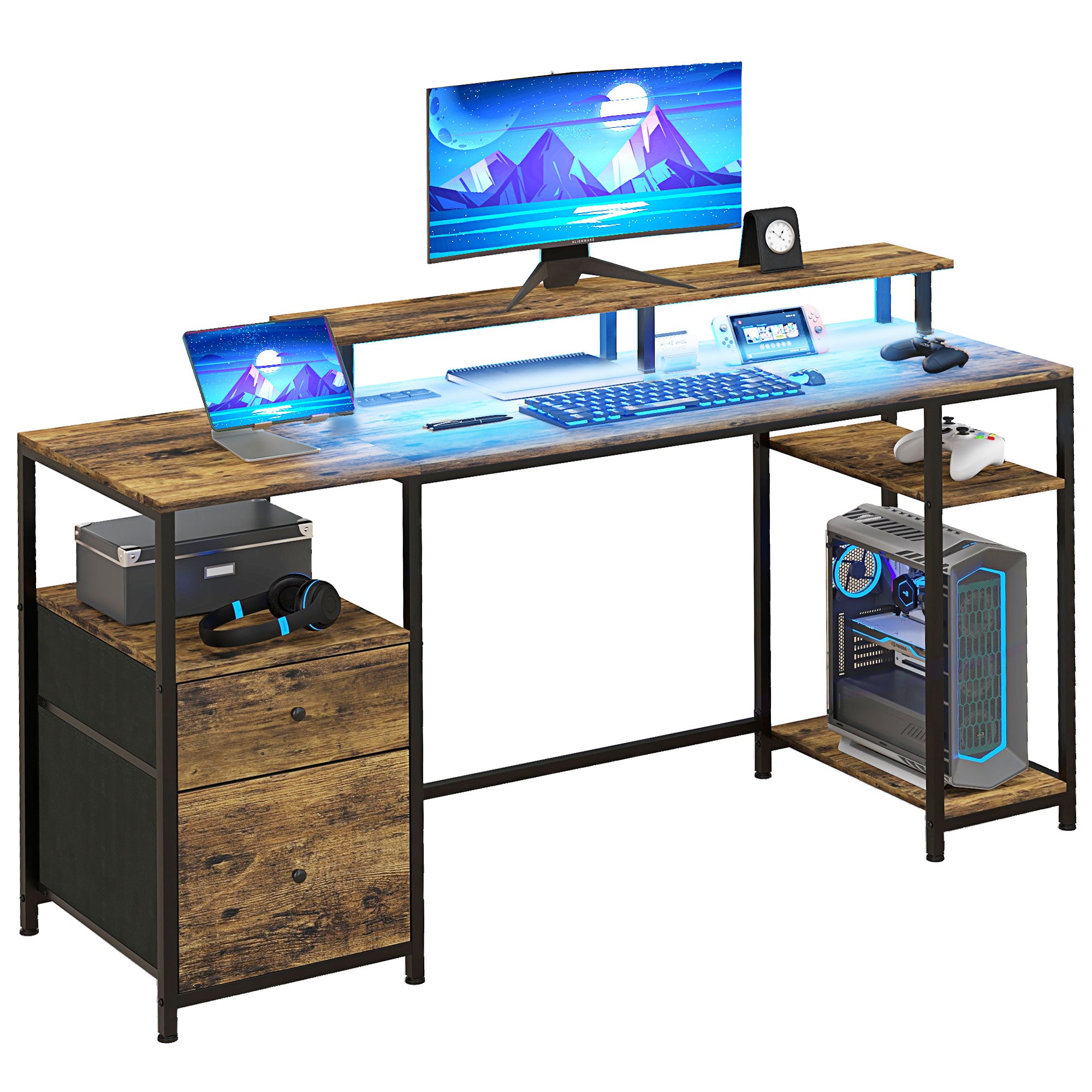 61" Computer Table with LED Lights, PC Desk with Power Outlets, USB Ports, Storage, Wireless Remote, Rustic Brown