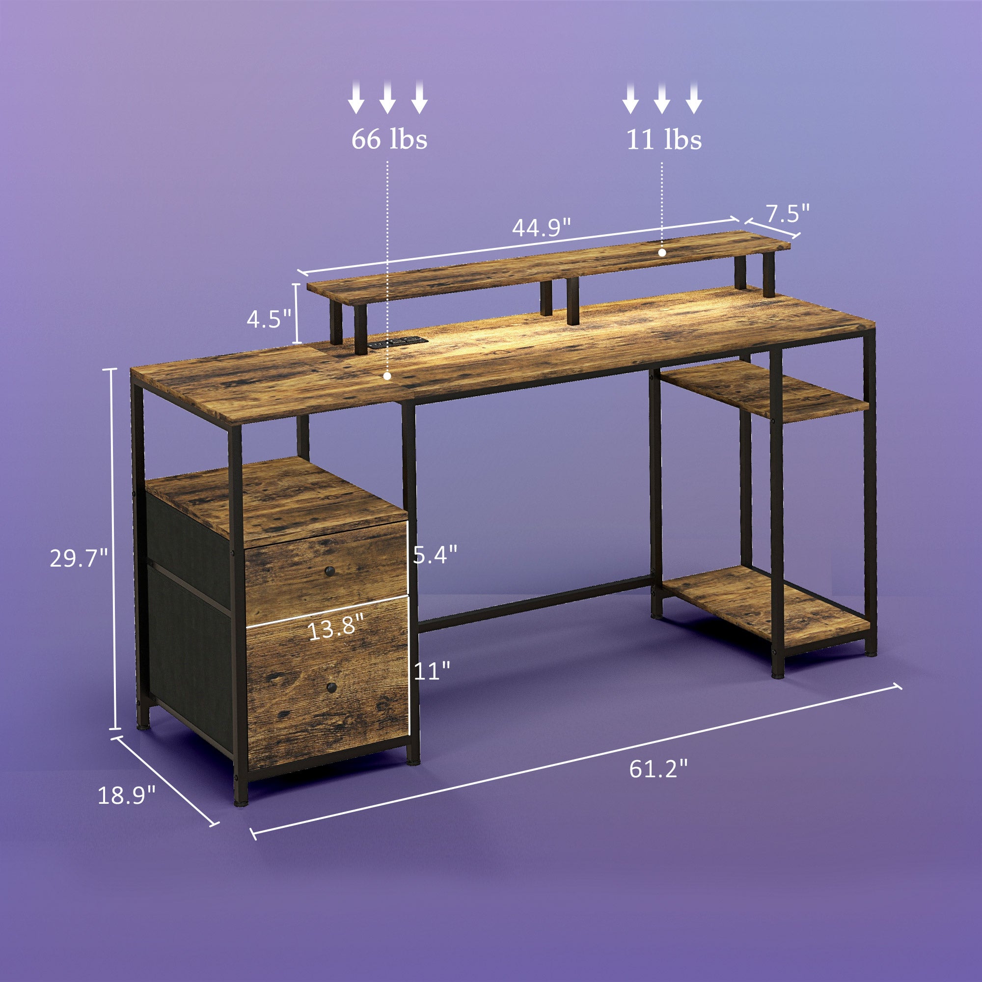 61" Computer Table with LED Lights, PC Desk with Power Outlets, USB Ports, Storage, Wireless Remote, Rustic Brown