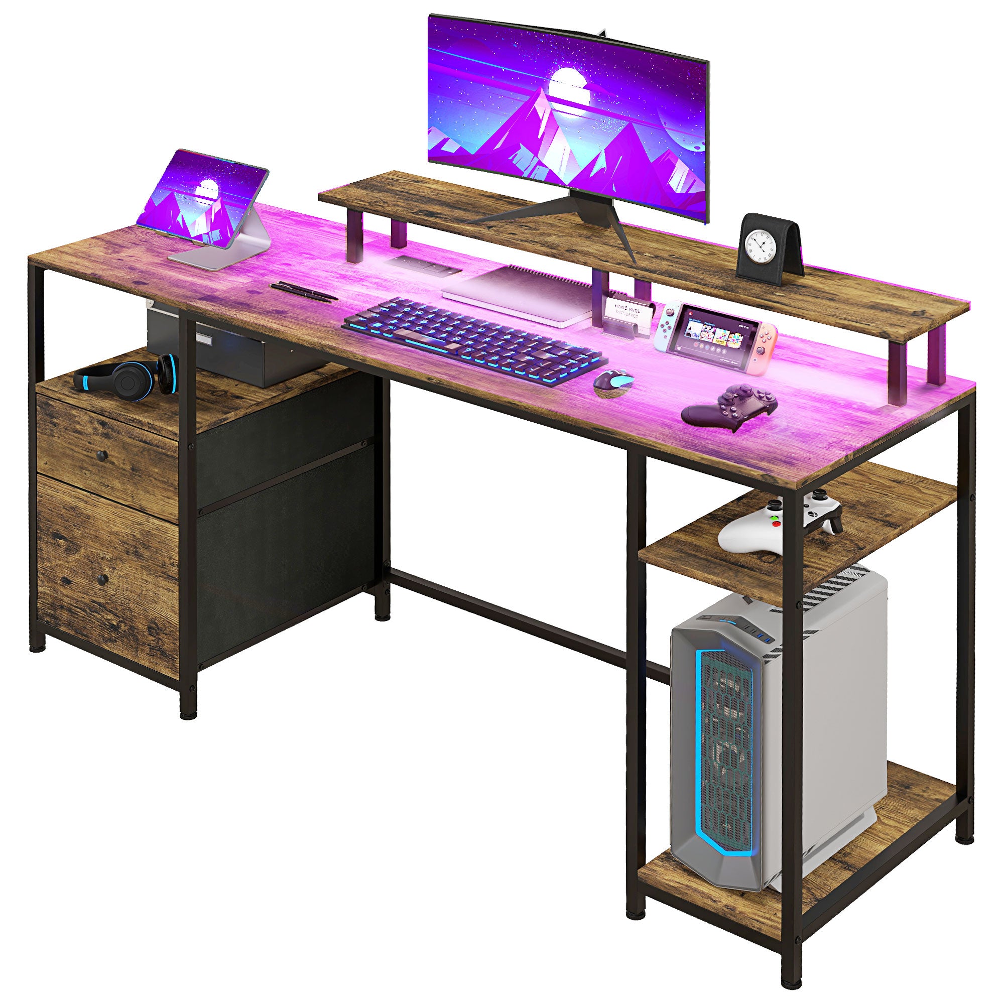 61" Computer Table with LED Lights, PC Desk with Power Outlets, USB Ports, Storage, Wireless Remote, Rustic Brown