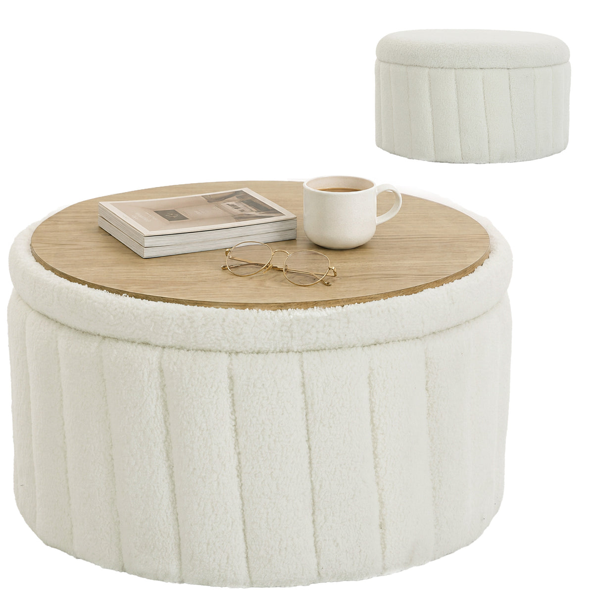 Round Coffee Table with Hidden Storage, Sherpa Fleece Center Table with Dual Reversible Lid, Upholstered Storage Ottoman for Living Room, Cream White