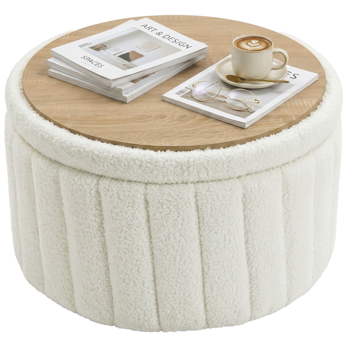 Round Coffee Table with Hidden Storage, Sherpa Fleece Center Table with Dual Reversible Lid, Upholstered Storage Ottoman for Living Room, Cream White
