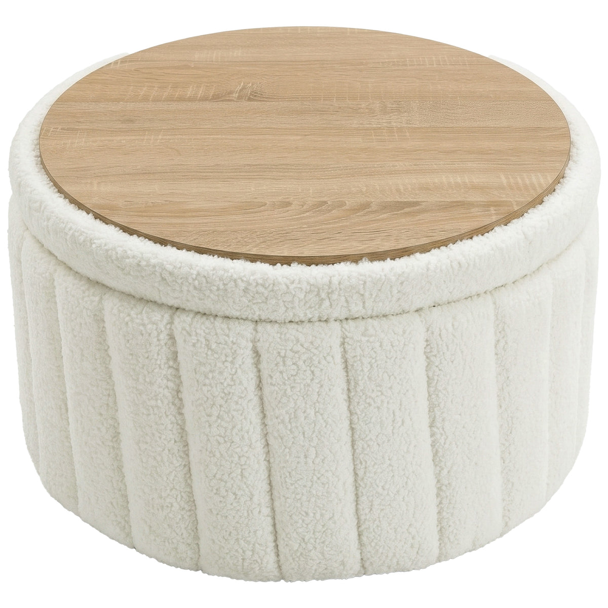 Round Coffee Table with Hidden Storage, Sherpa Fleece Center Table with Dual Reversible Lid, Upholstered Storage Ottoman for Living Room, Cream White