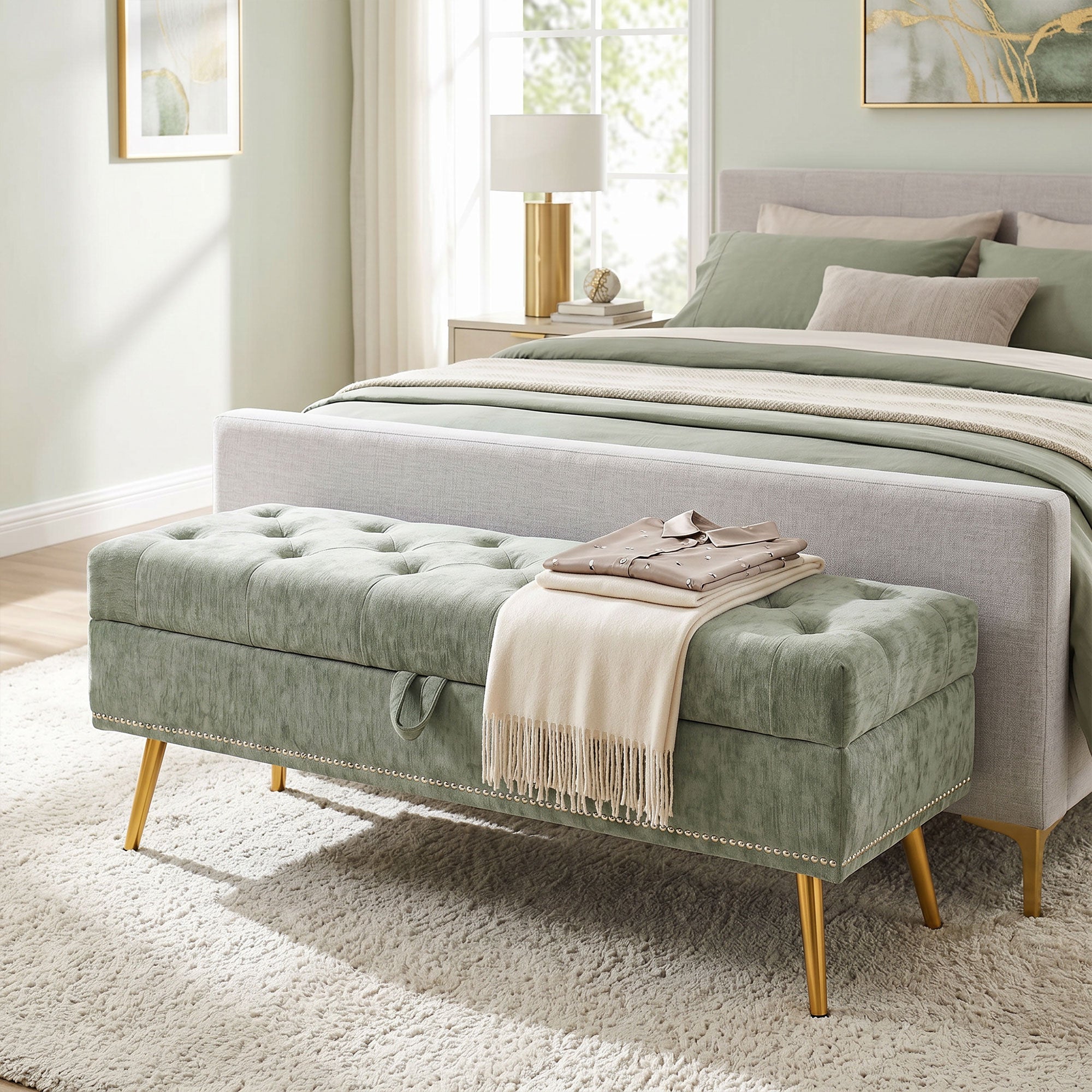 Storage Ottoman, Chenille Upholstered Ottoman Storage Box with Padded Seat, End of Bed Bench with Metal Legs for Bedroom, Hallway, Living Room, 114 x 41 x 45 cm, Light Green