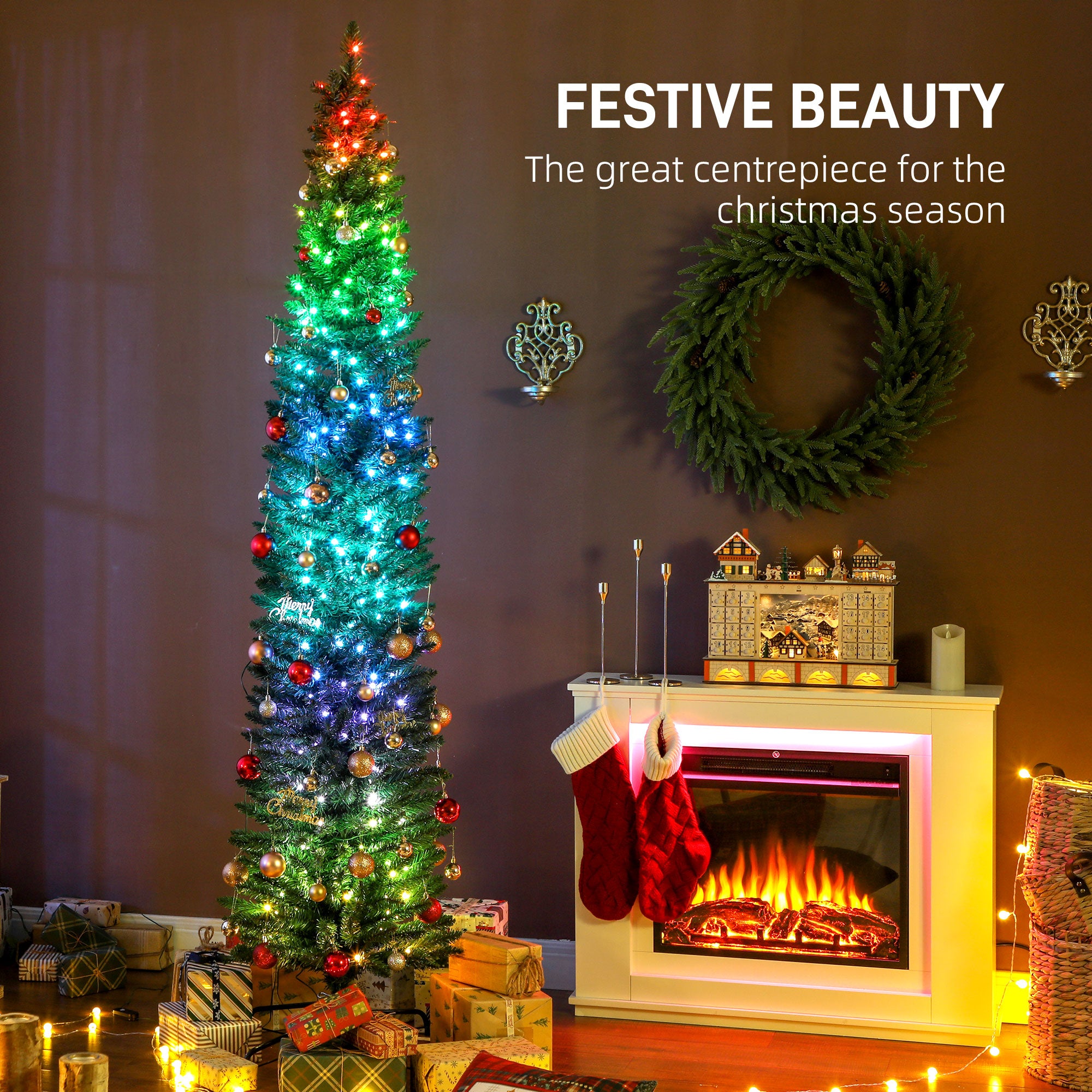 7.5ft Prelit Christmas Tree with Colourful DIY Synchronized LED Lights, Hinged Pencil Xmas Tree with Remote, 12 Modes, Daily Timer, Adjustable Brightness and Speed, Green