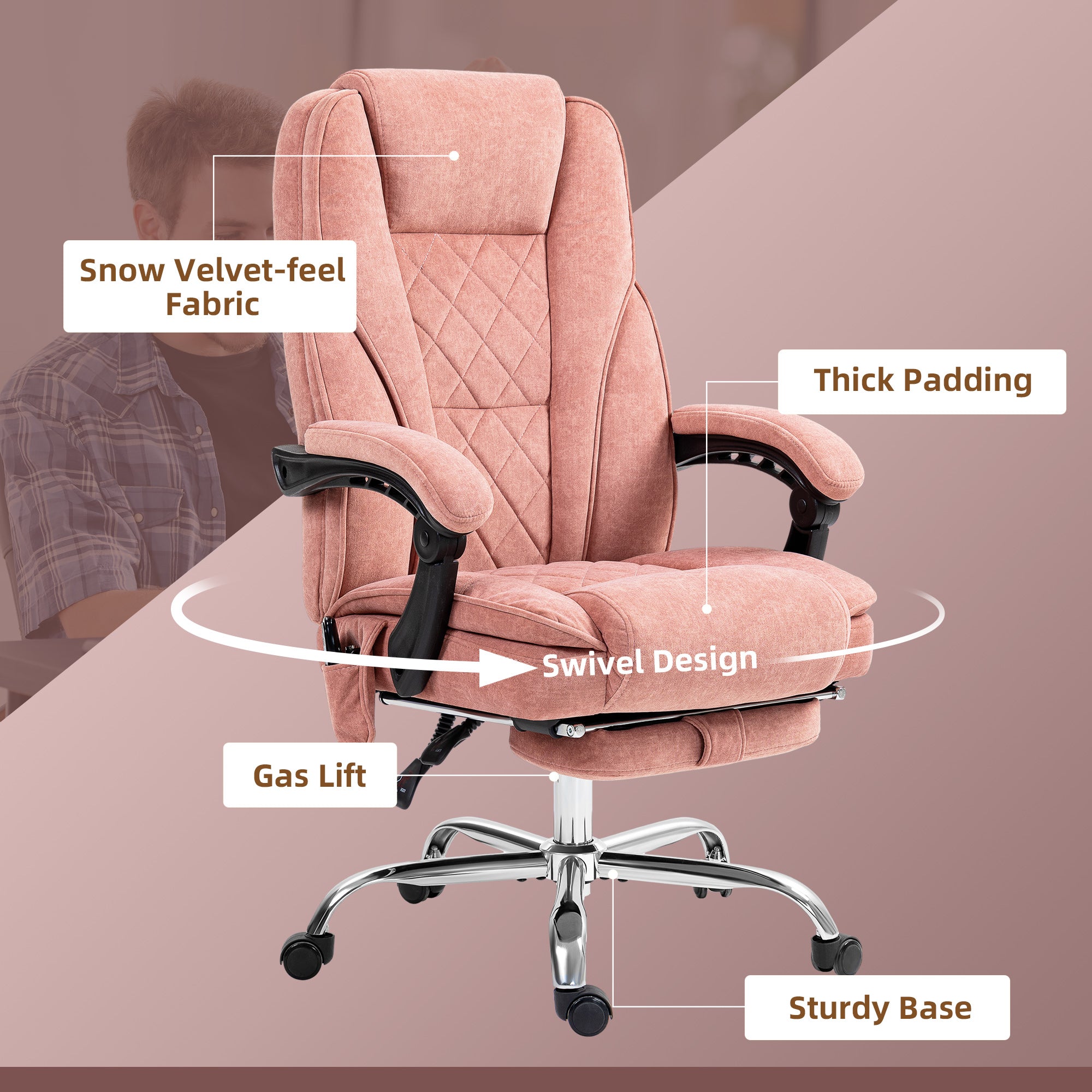 Massage Office Chair, Heated Reclining Computer Chair with Adjustable Height and Footrest, Pink