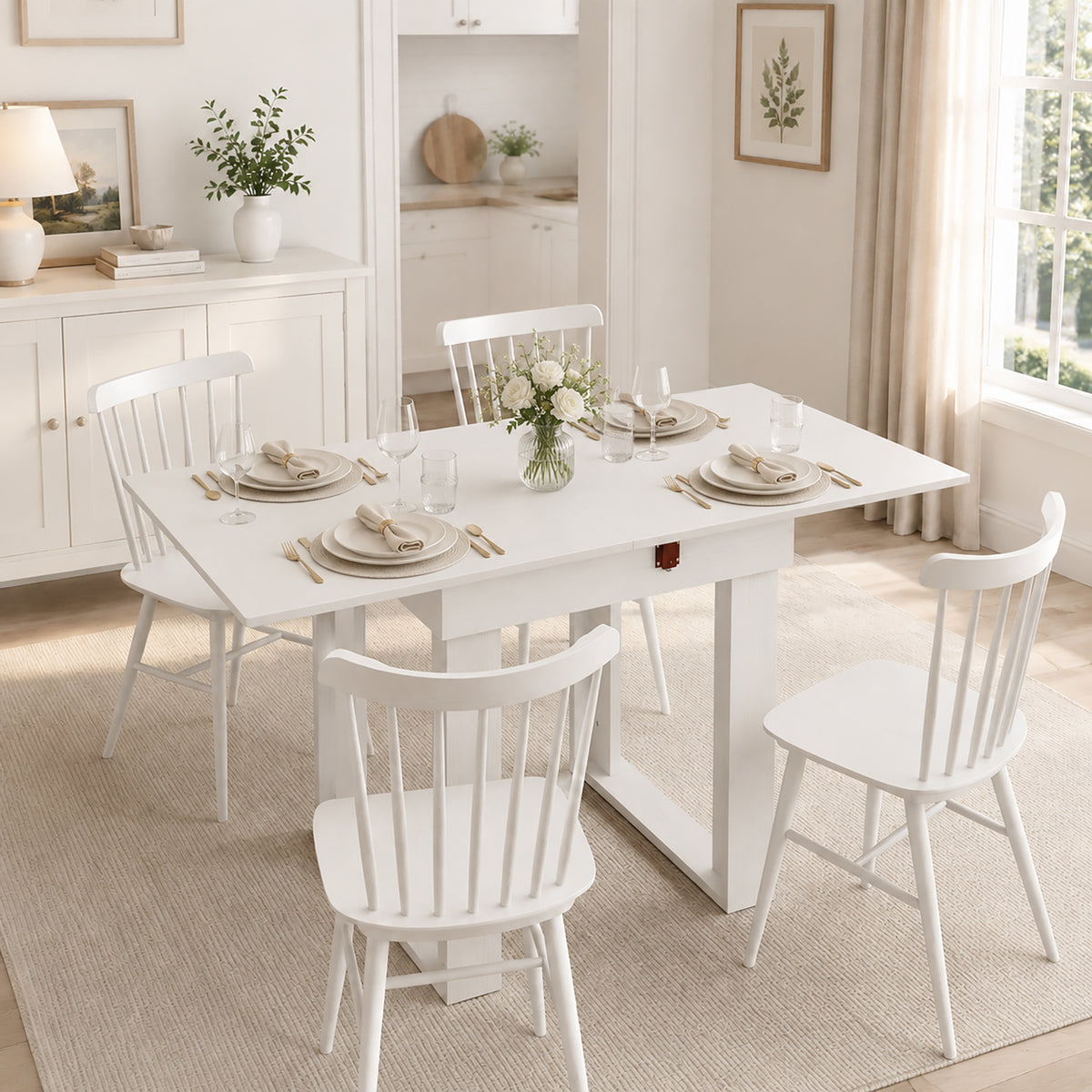 Folding Dining Table for 4 with Under-Table Storage, 70-140 cm Modern Extendable Kitchen Table with Steel Rail, Space-Saving for Kitchen, Dining Room, White