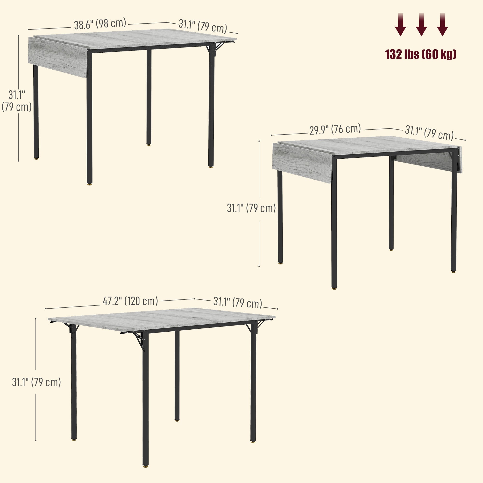 HOMCOM Folding Dining Table, Drop Leaf Table for Small Space, Extendable Kitchen Table for 2 to 4 People, Grey