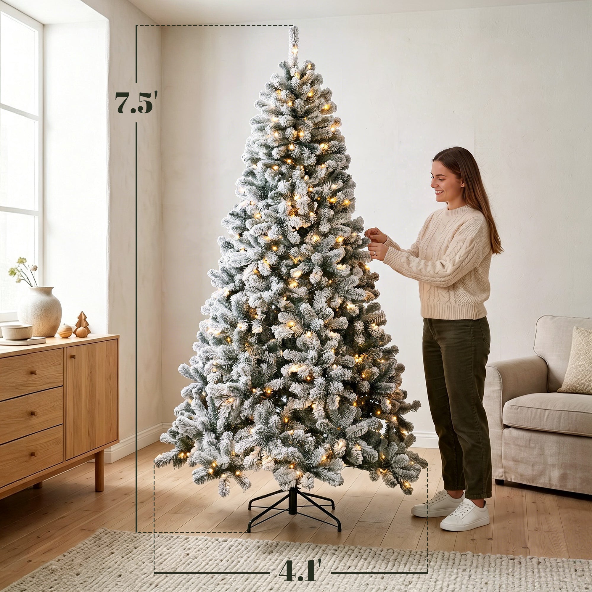 7.5ft Flocked Prelit Christmas Tree, Northern Pine, Artificial Xmas Tree with 1201 Curved Tips, 350 LEDs, Foldable Steel Base, Green White