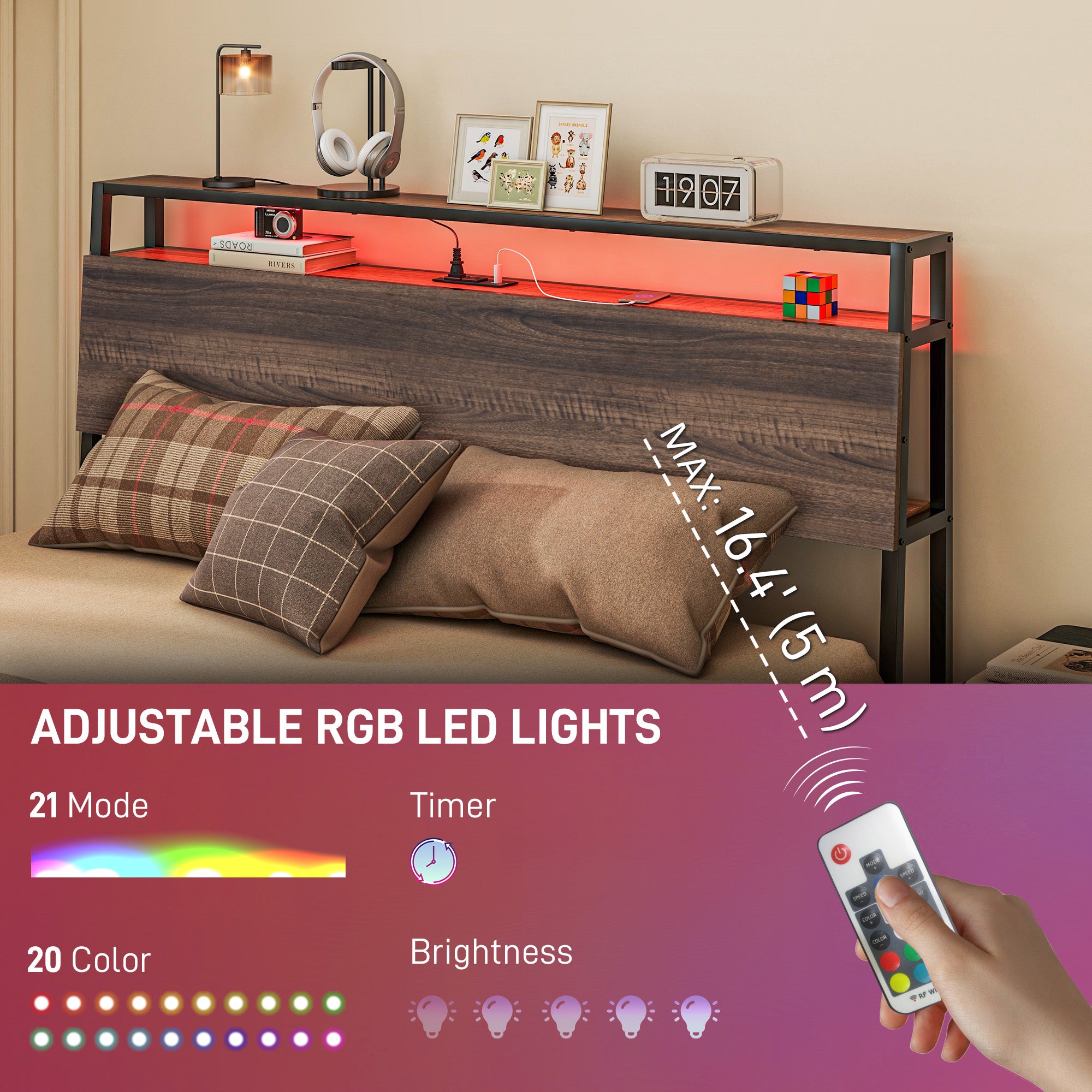 HOMCOM Queen Bed Frame with Storage, Platform Bed Frame with Headboard, LED Lights, Charging Station, Steel Slats, Noise Free and Easy Assembly, No Box Spring Needed, Walnut