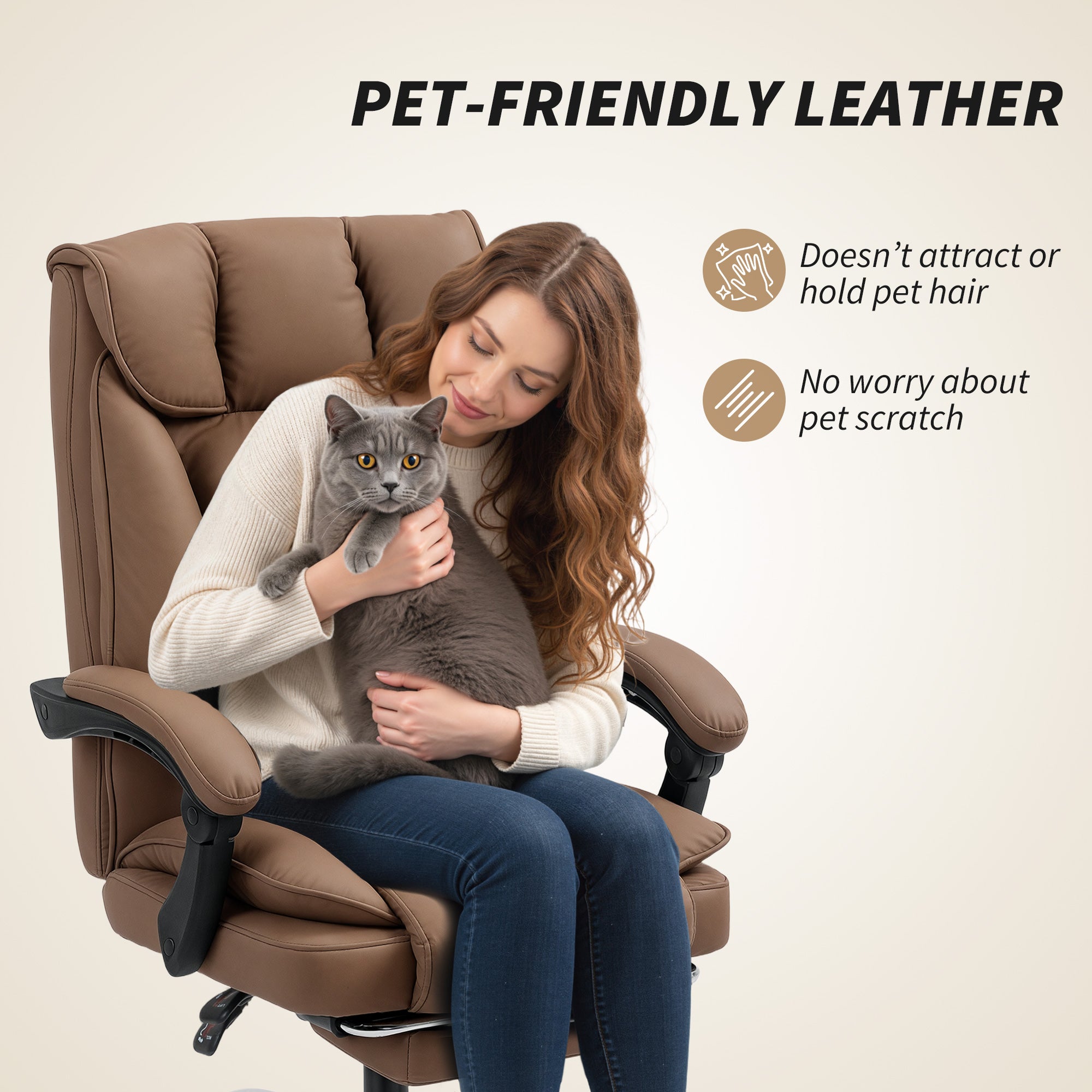 Executive Office Chair with Footrest, Pet-Friendly Leather Reclining Ergonomic Computer Desk Chair with Double-Layer Padding, Upholstered Swivel Recliner for Home Office, Working, Brown