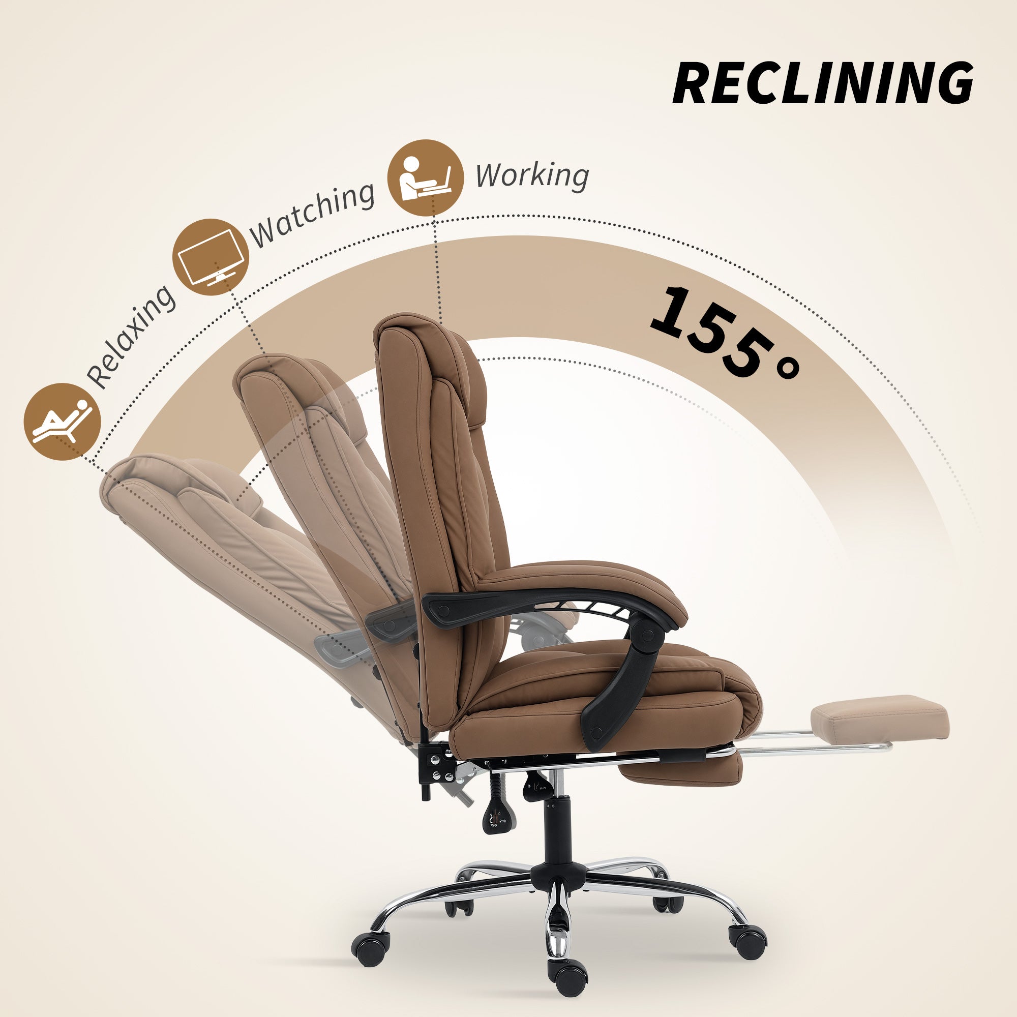 Executive Office Chair with Footrest, Pet-Friendly Leather Reclining Ergonomic Computer Desk Chair with Double-Layer Padding, Upholstered Swivel Recliner for Home Office, Working, Brown
