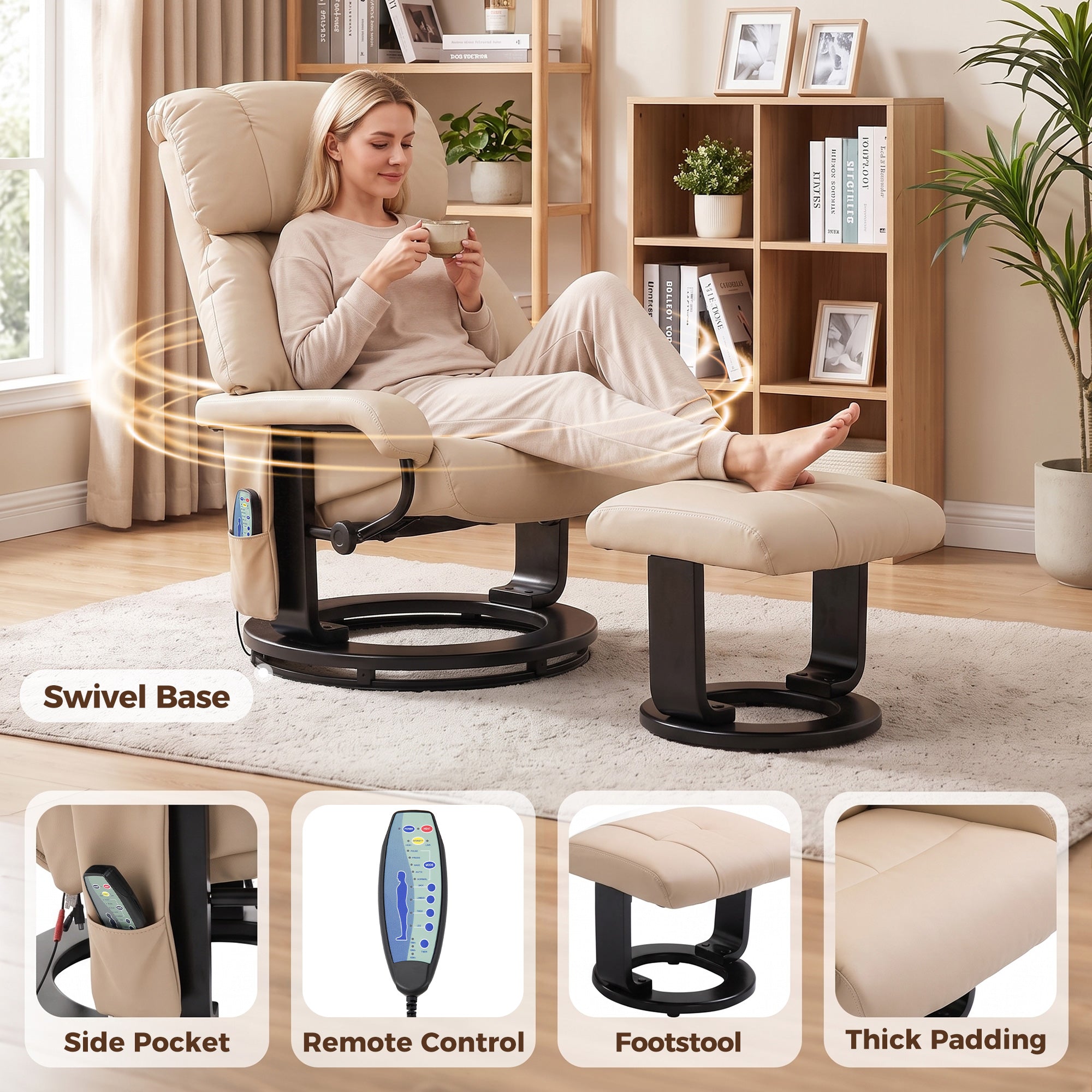 Massage Recliner Chair with Ottoman, 360° Swivel Recliner and Footstool, 10-Point Vibration, PU Leather Reclining Chair with Remote Control, Beige