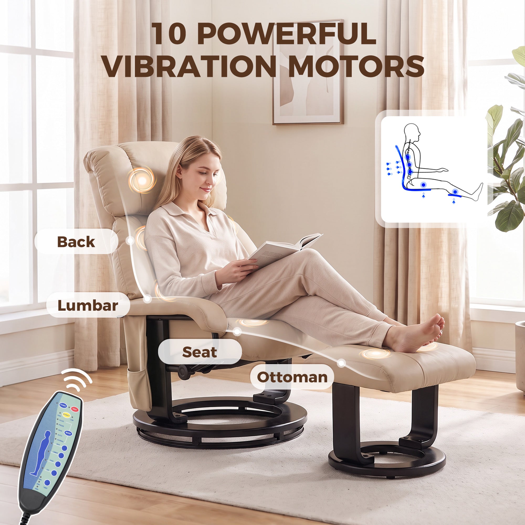 Massage Recliner Chair with Ottoman, 360° Swivel Recliner and Footstool, 10-Point Vibration, PU Leather Reclining Chair with Remote Control, Beige