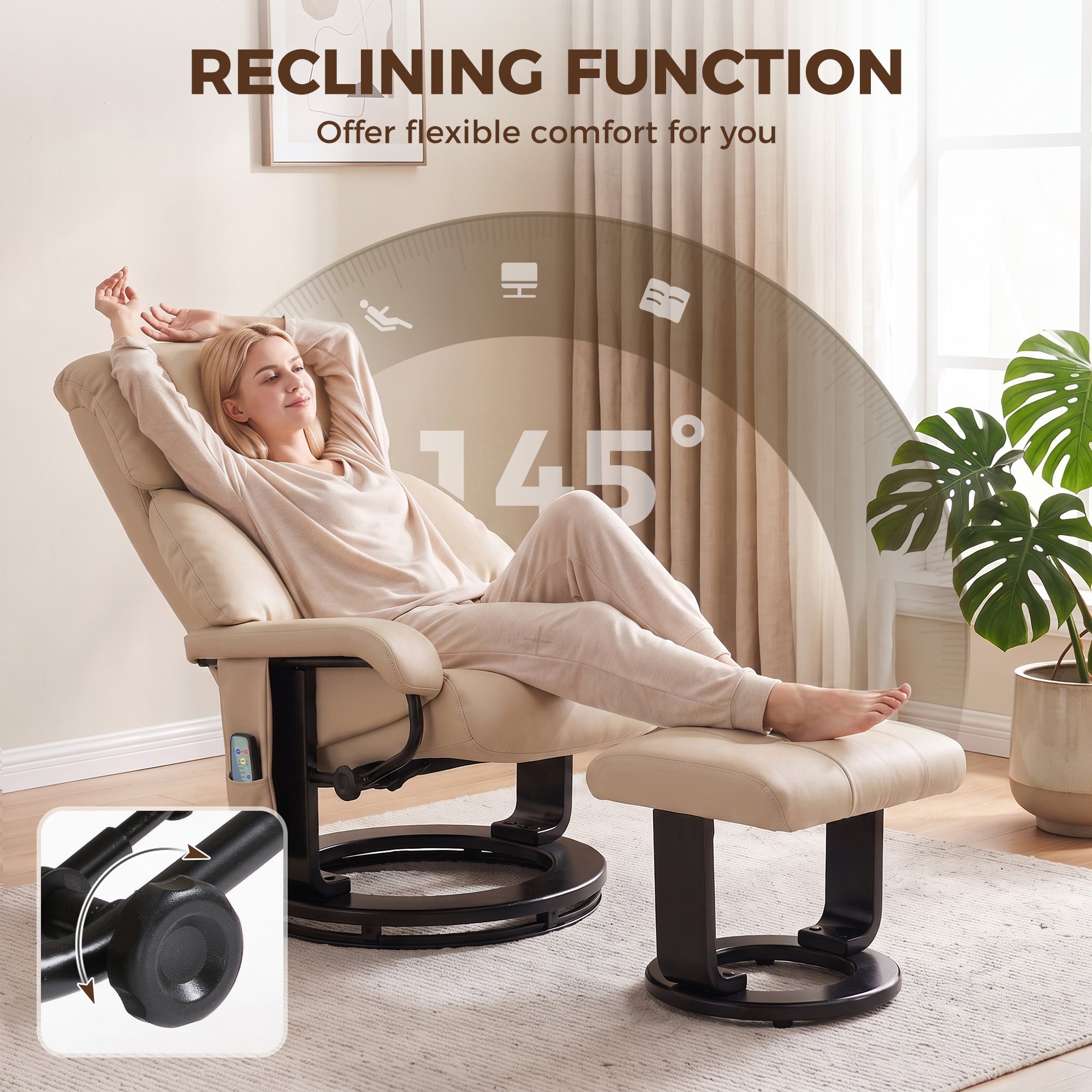 Massage Recliner Chair with Ottoman, 360° Swivel Recliner and Footstool, 10-Point Vibration, PU Leather Reclining Chair with Remote Control, Beige