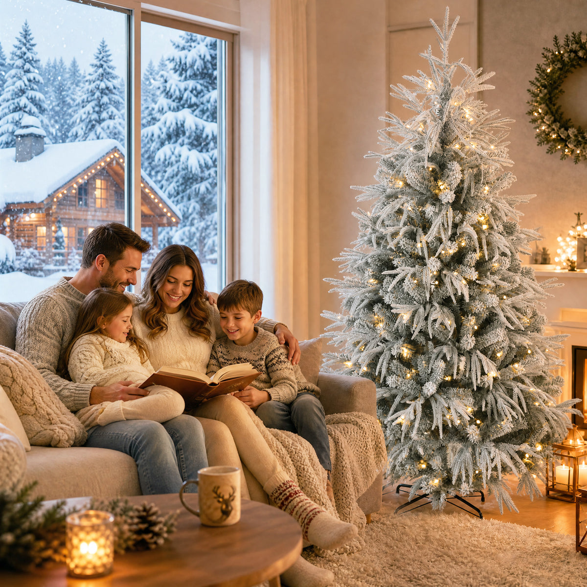 6ft Prelit Flocked Christmas Tree, Artificial Norfolk Pine Downswept Hinged Xmas Tree with 250 Warm White LED Lights, 8 Modes, 553 Tips, Steel Stand, Green and White