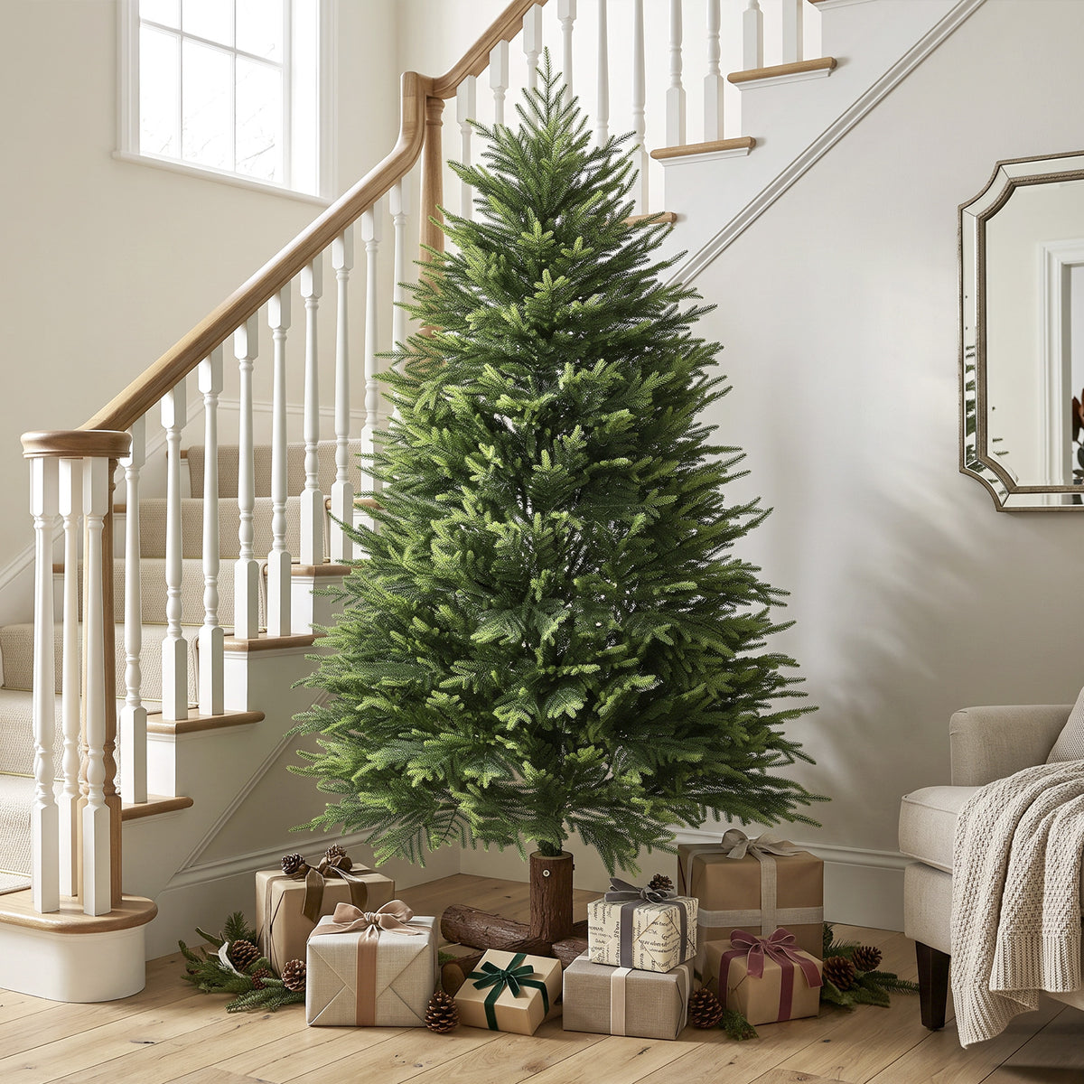 5ft Artificial Christmas Tree, Hinged Xmas Tree with Dense 513 PE & PVC Branch Tips, Realistic Fir Wood Base, Auto Open for Home Office Decor, Green