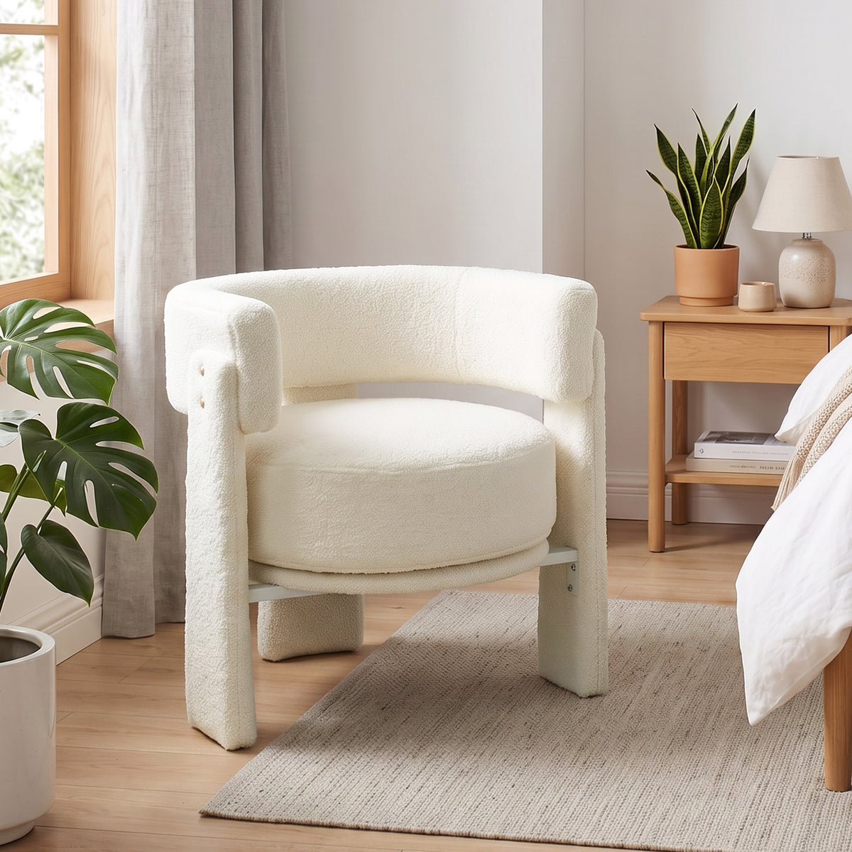 Sherpa Accent Chair, Upholstered Armchair, Nordic Living Room Chair with Lumbar Pillow, Padded Armrests and Thick Cushion, Cream White