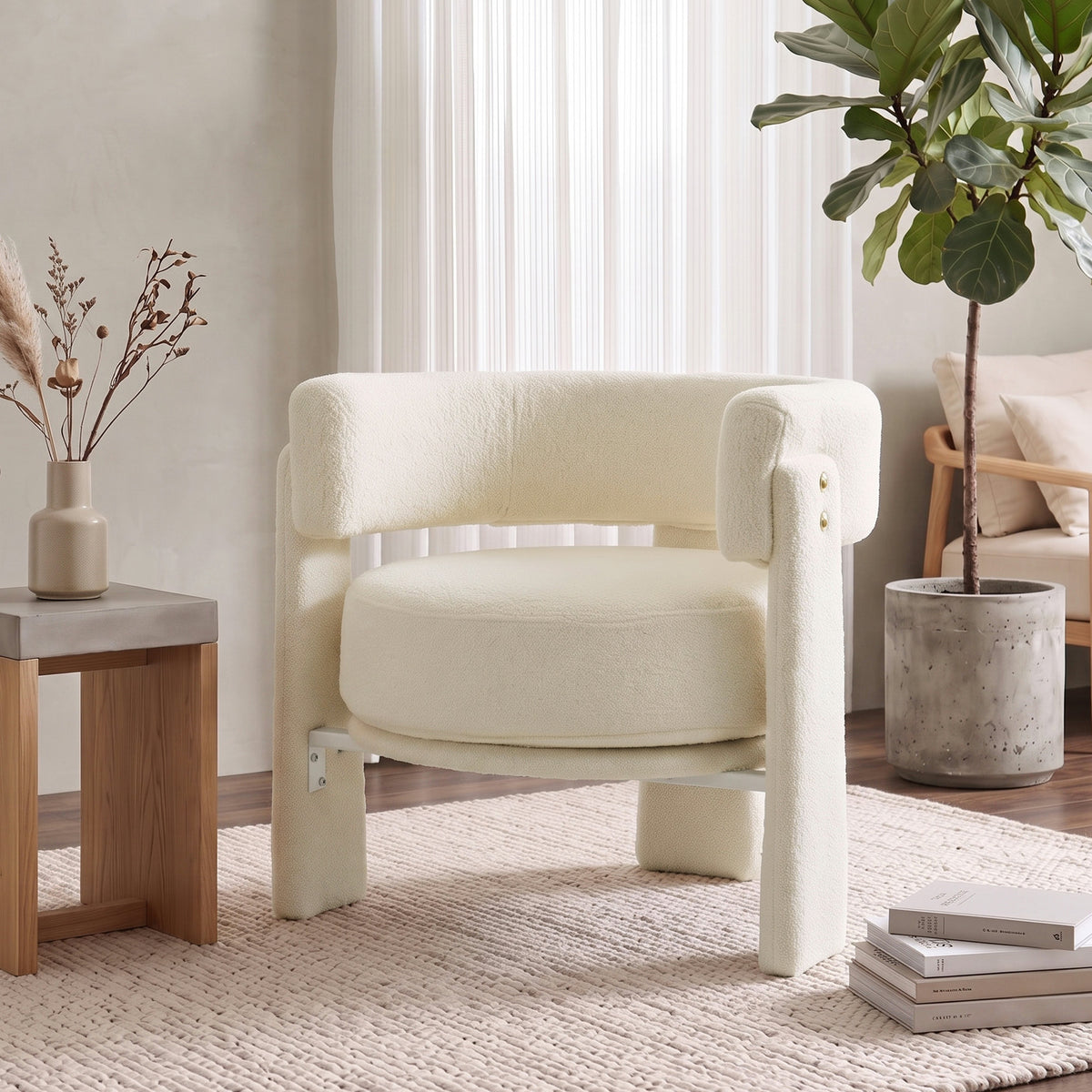 Sherpa Accent Chair, Upholstered Armchair, Nordic Living Room Chair with Lumbar Pillow, Padded Armrests and Thick Cushion, Cream White