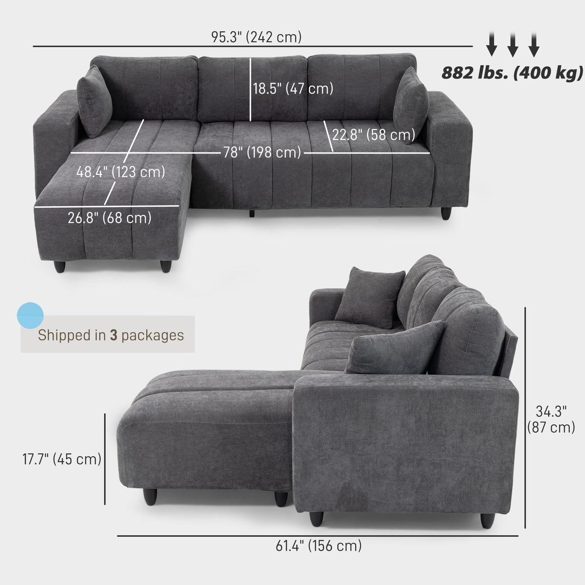 Modular Sectional Sofa with Changeable Chaise, Integrated Seat, 95" Large 3 Seater L-Shaped Sofa with Spring Cushion, 2 Pillows, Steel Frame for Living Room, Charcoal Grey