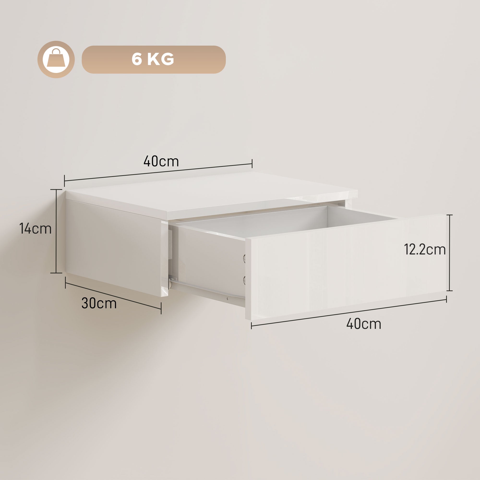 Floating Bedside Table Set of 2, Modern Wall-Mounted Nightstand with High Gloss Finish and Storage Drawer, Small Side End Table for Bedroom, White